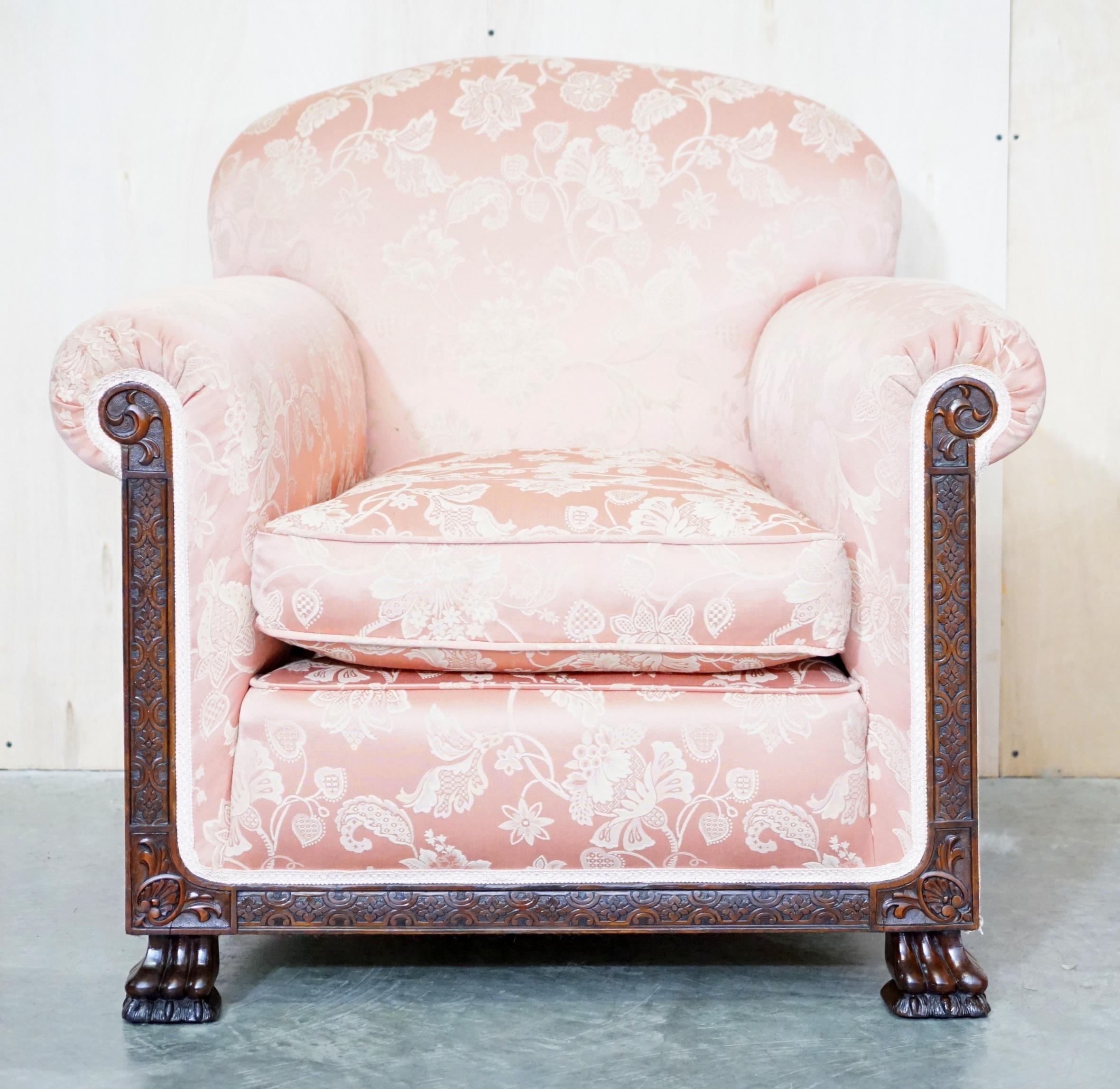 Hand-Crafted Victorian Sofa & Armchair Suite Pink Silk Upholstery Hand Carved Goat Hoof Feet