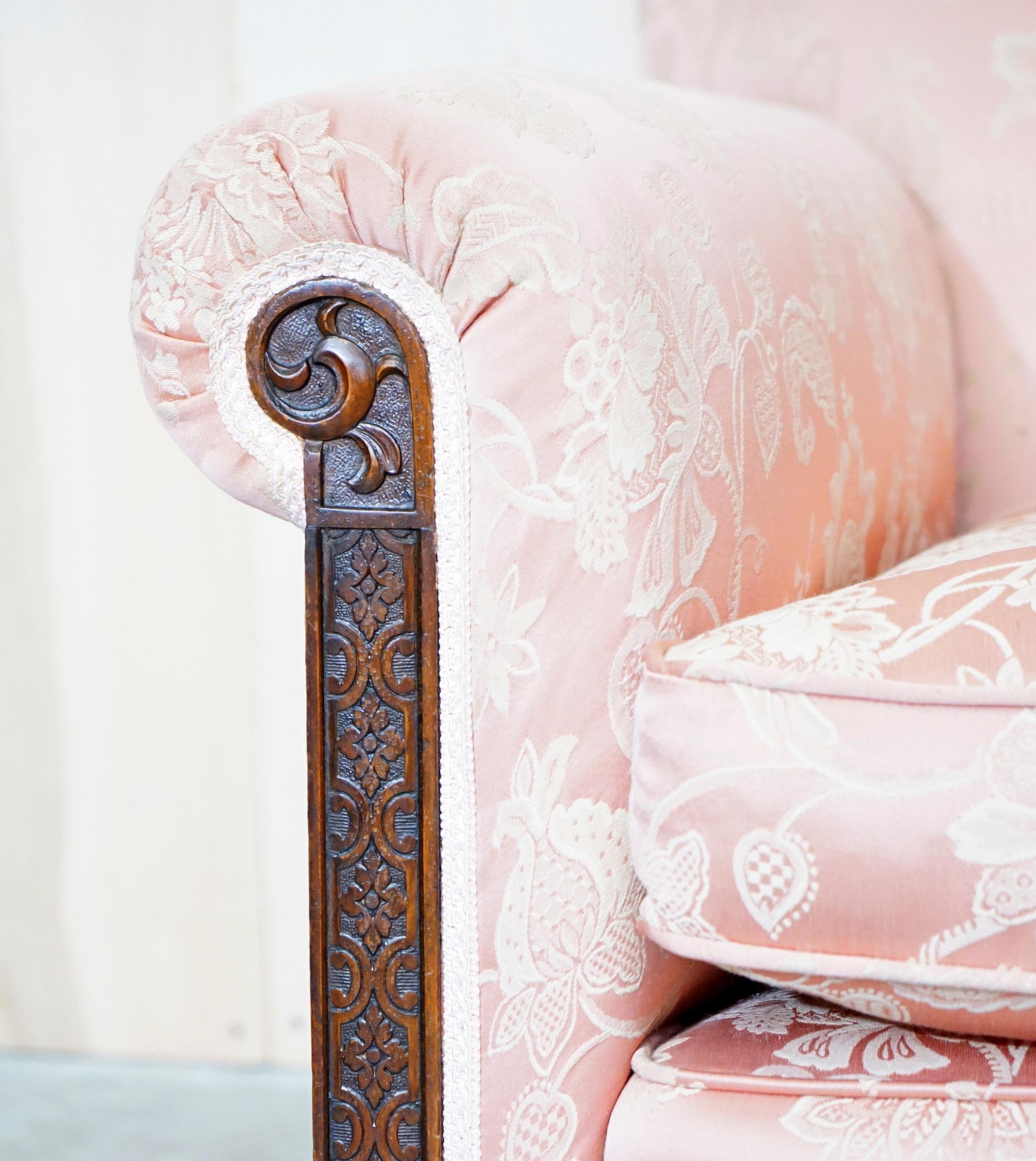 Hardwood Victorian Sofa & Armchair Suite Pink Silk Upholstery Hand Carved Goat Hoof Feet