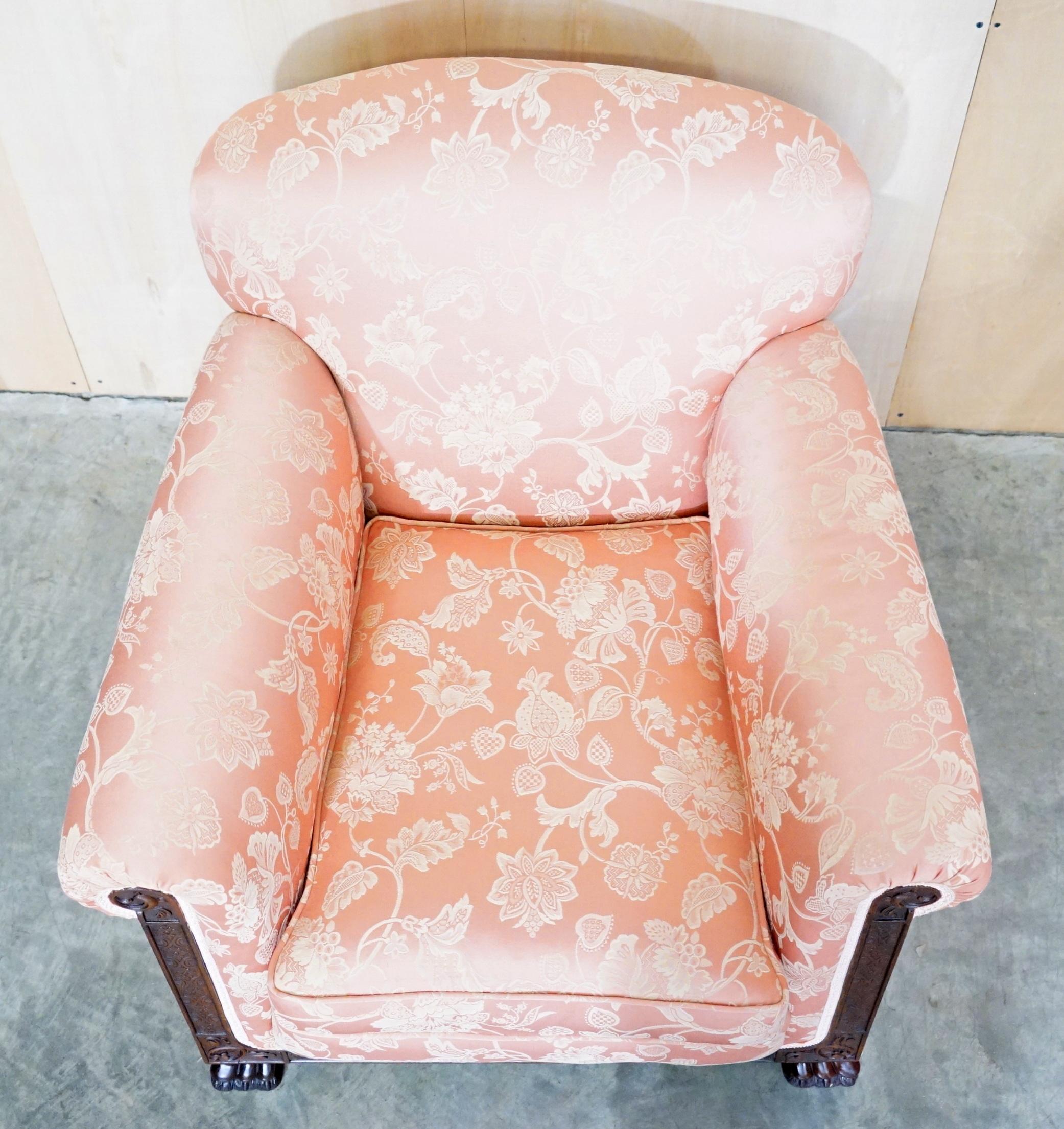 Victorian Sofa & Armchair Suite Pink Silk Upholstery Hand Carved Goat Hoof Feet 3