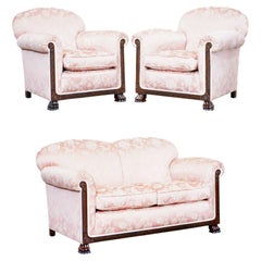 Victorian Sofa & Armchair Suite Pink Silk Upholstery Hand Carved Goat Hoof Feet