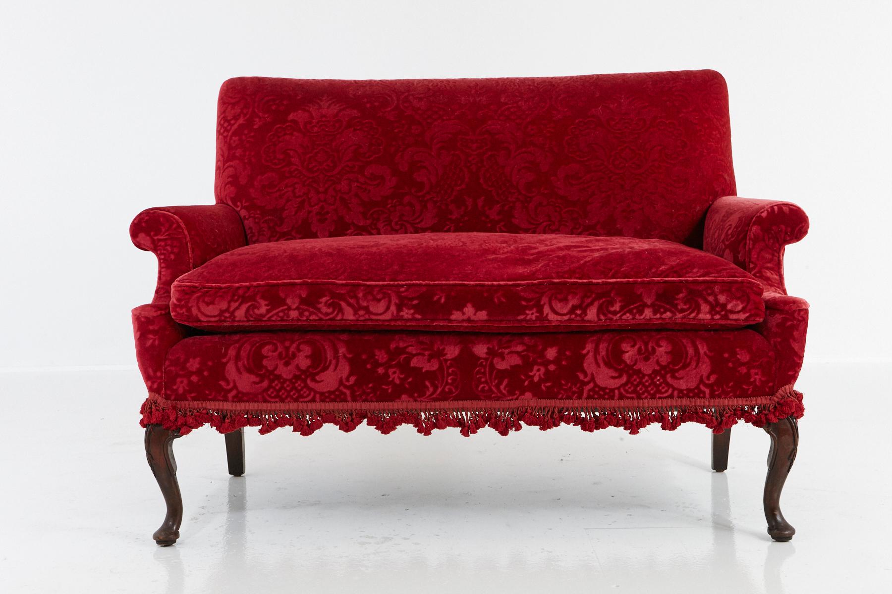 Walnut Victorian Sofa in Red Embossed Acanthus Mohair Upholstery No 1 of 2