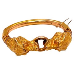 Victorian Solid 14 Karat Yellow Gold Dual Dog Head Bangle Bracelet 24.0g