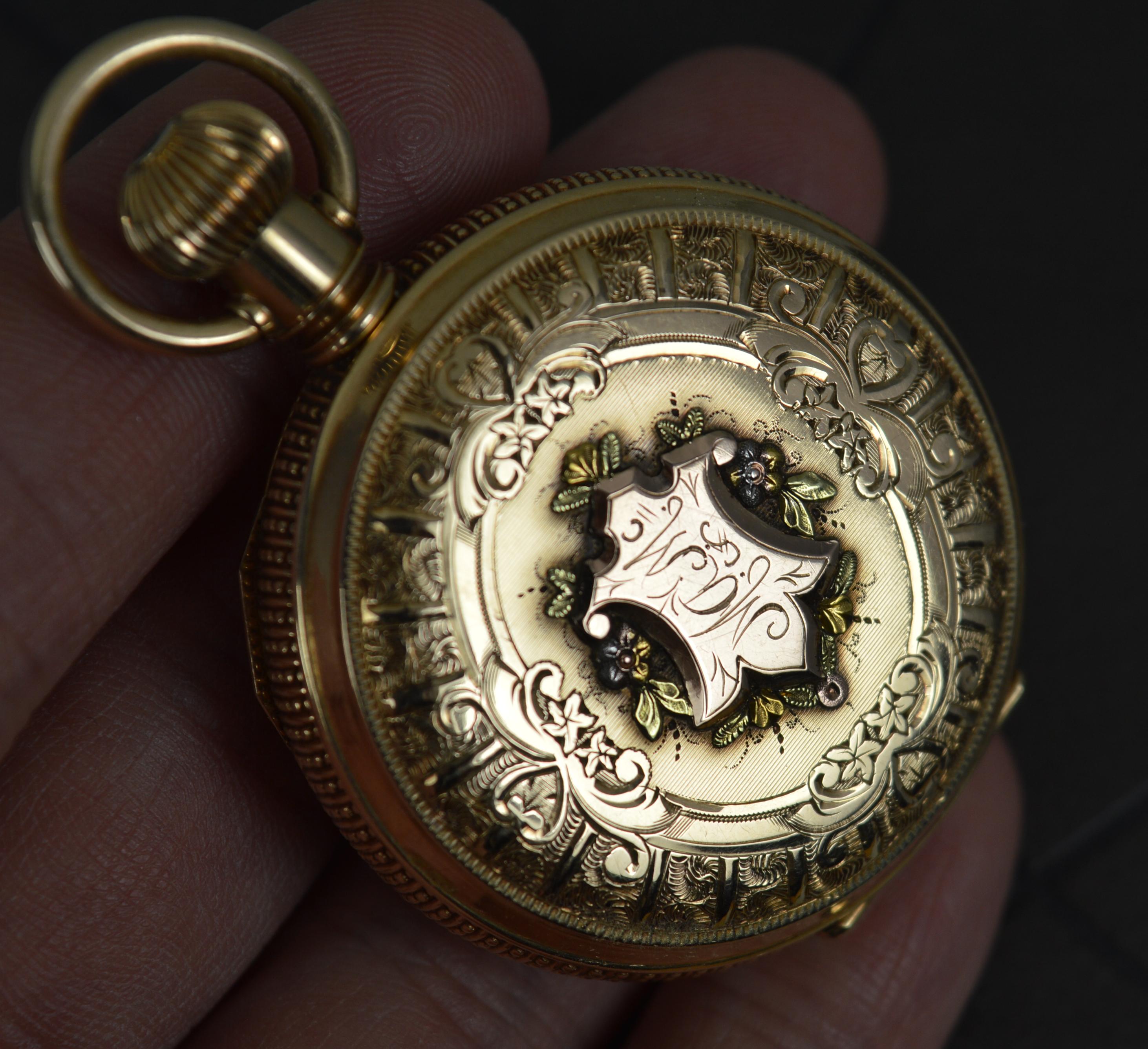 Viktorianische Taschenuhr aus massivem 14 Karat Gold Full Hunter Elgin USA Hirschszene mit Hirschszene 6