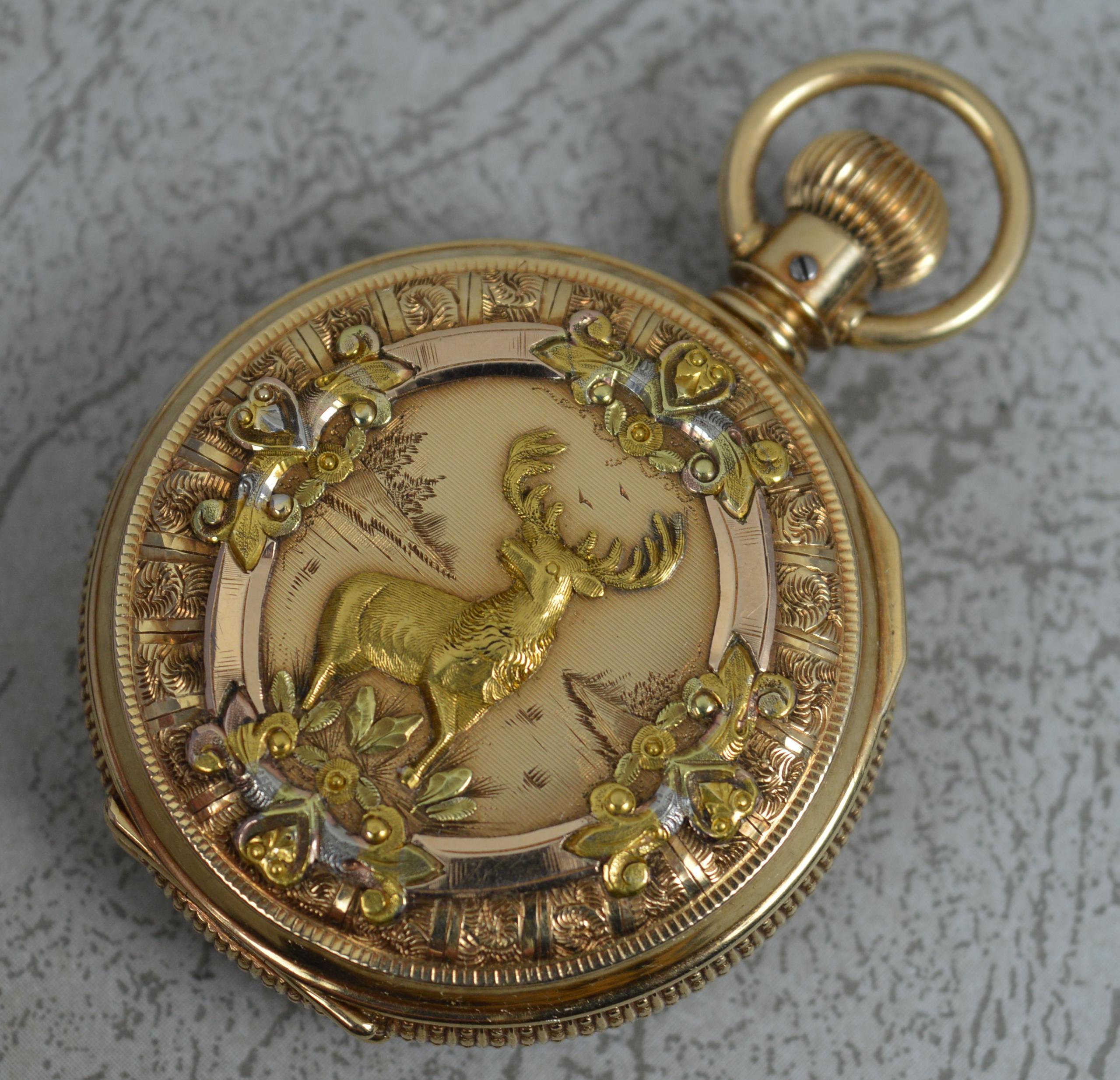 Victorian Solid 14ct Gold Full Hunter Elgin USA Stag Scene Pocket Watch 4
