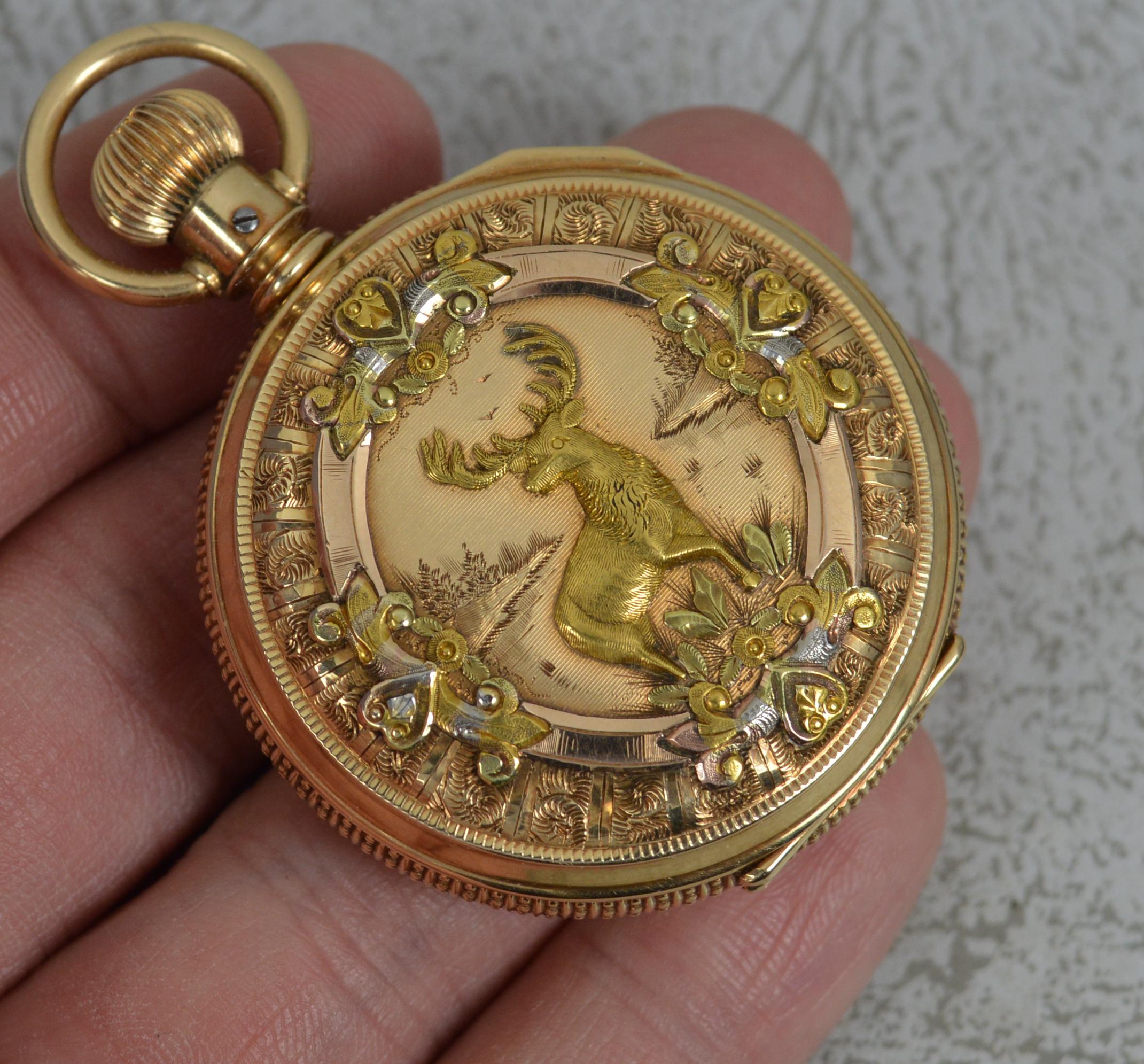 Victorian Solid 14ct Gold Full Hunter Elgin USA Stag Scene Pocket Watch 11