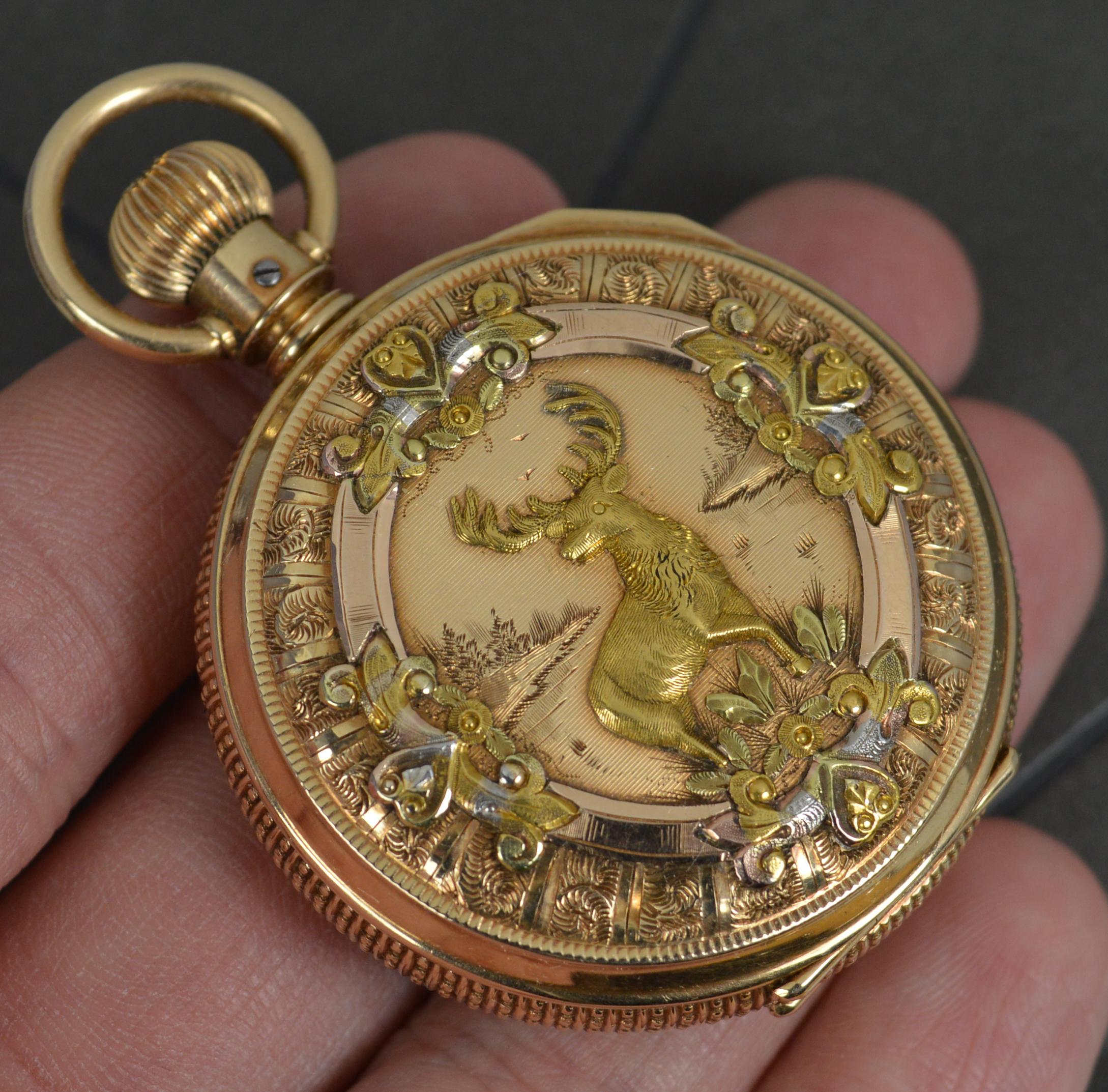 Viktorianische Taschenuhr aus massivem 14 Karat Gold Full Hunter Elgin USA Hirschszene mit Hirschszene für Damen oder Herren