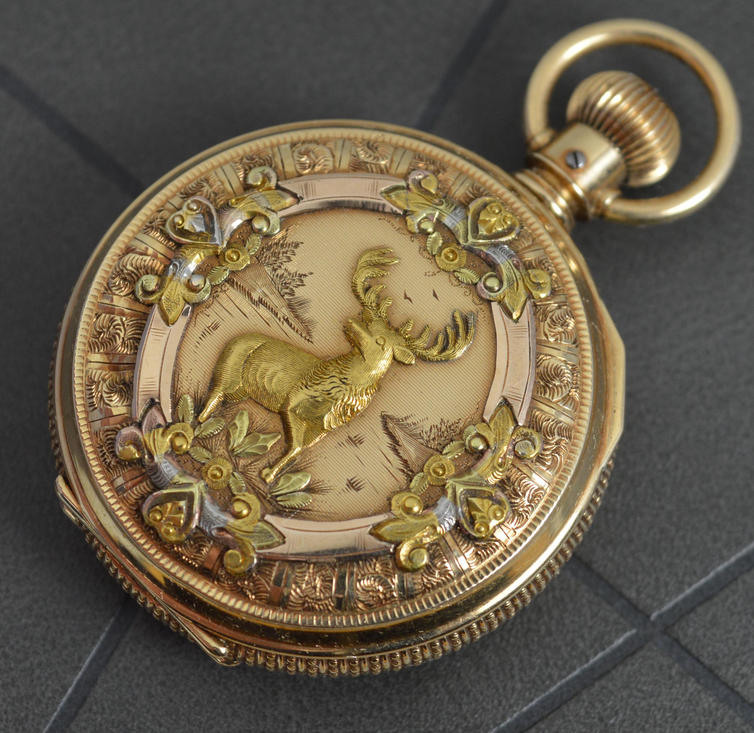 Victorian Solid 14ct Gold Full Hunter Elgin USA Stag Scene Pocket Watch In Good Condition In St Helens, GB