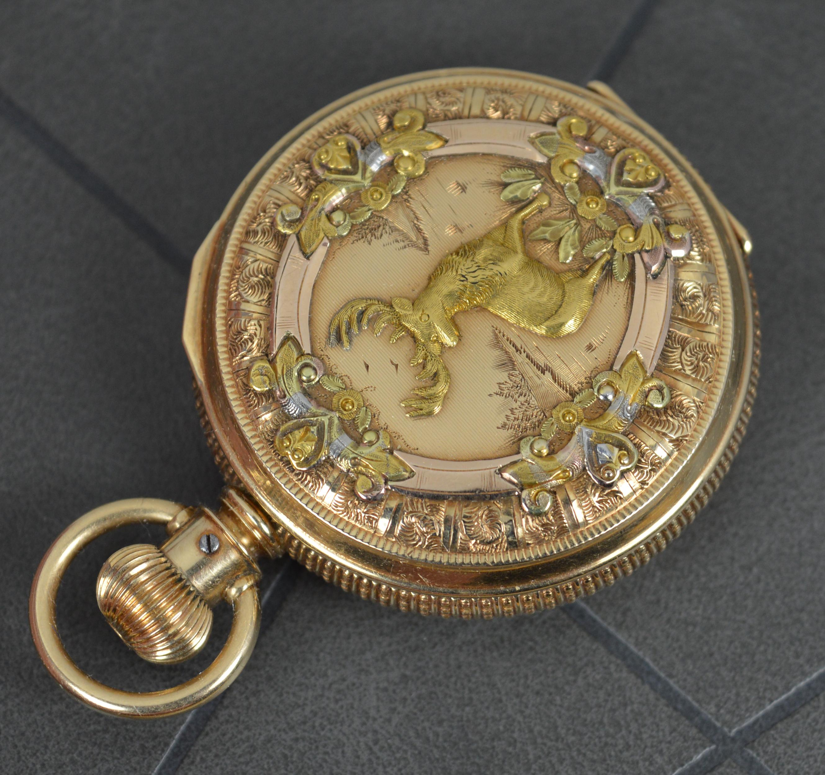 Women's or Men's Victorian Solid 14ct Gold Full Hunter Elgin USA Stag Scene Pocket Watch