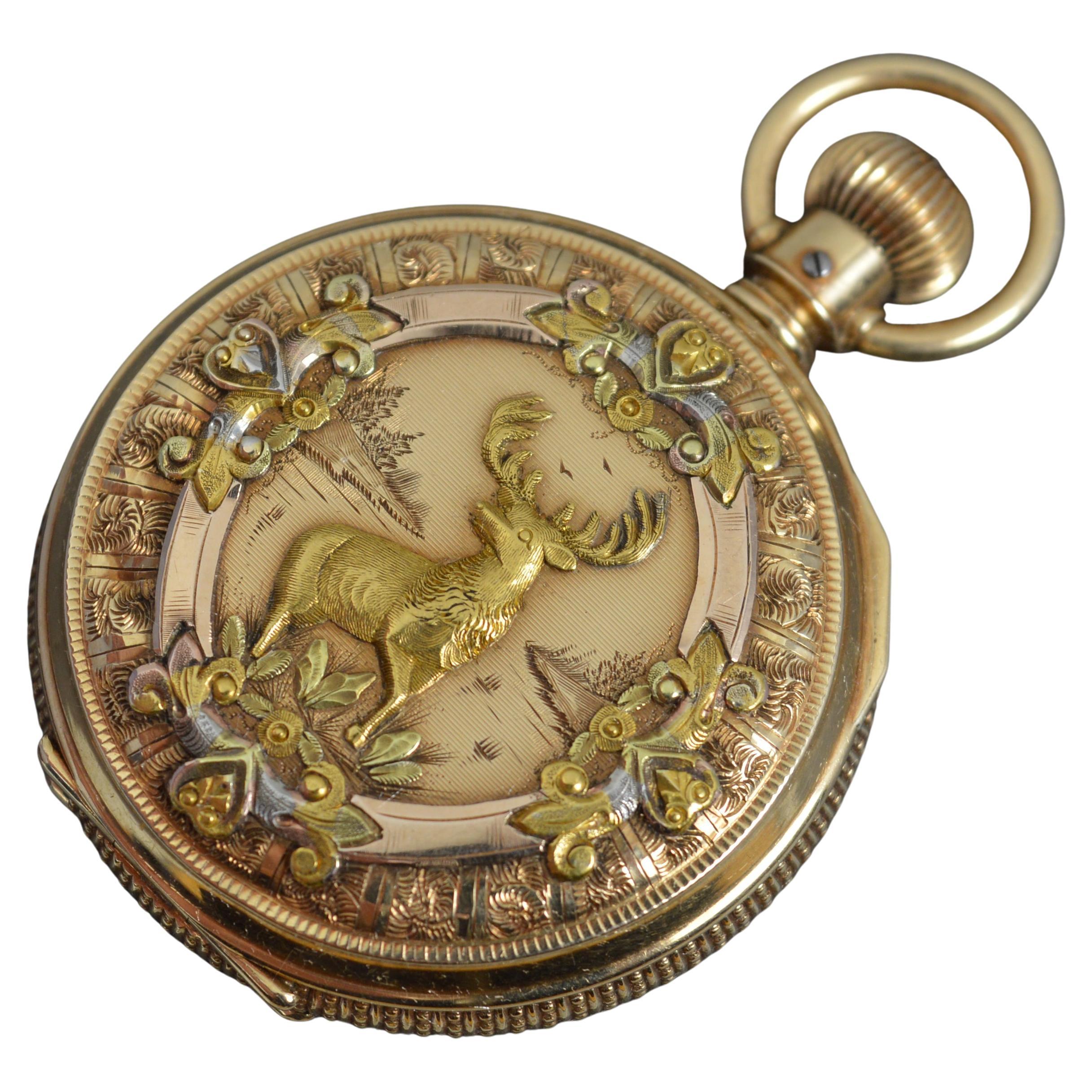 Victorian Solid 14ct Gold Full Hunter Elgin USA Stag Scene Pocket Watch
