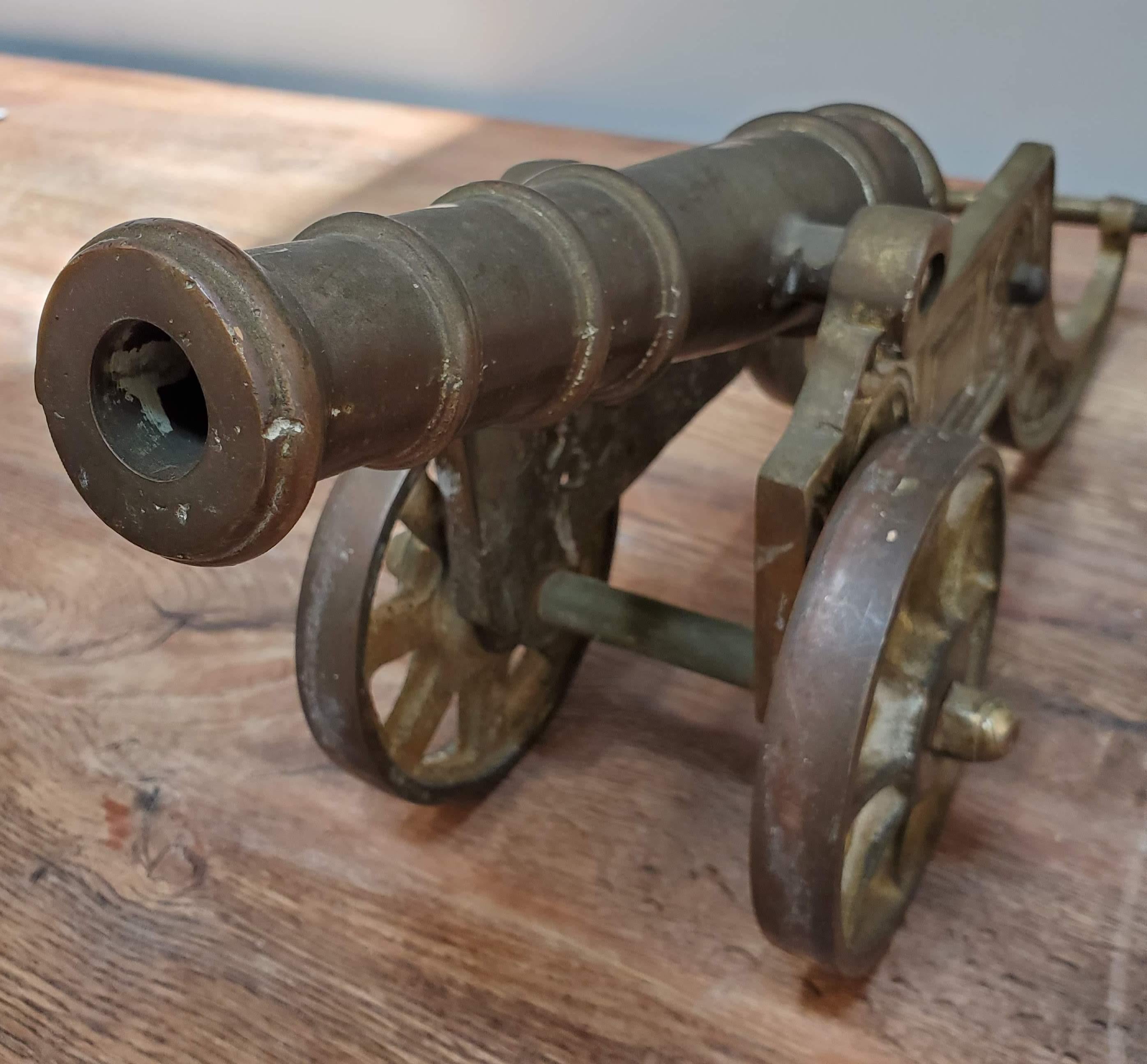 English Victorian Solid Brass Miniature Cannon with Working Wheels and Moving Barrel