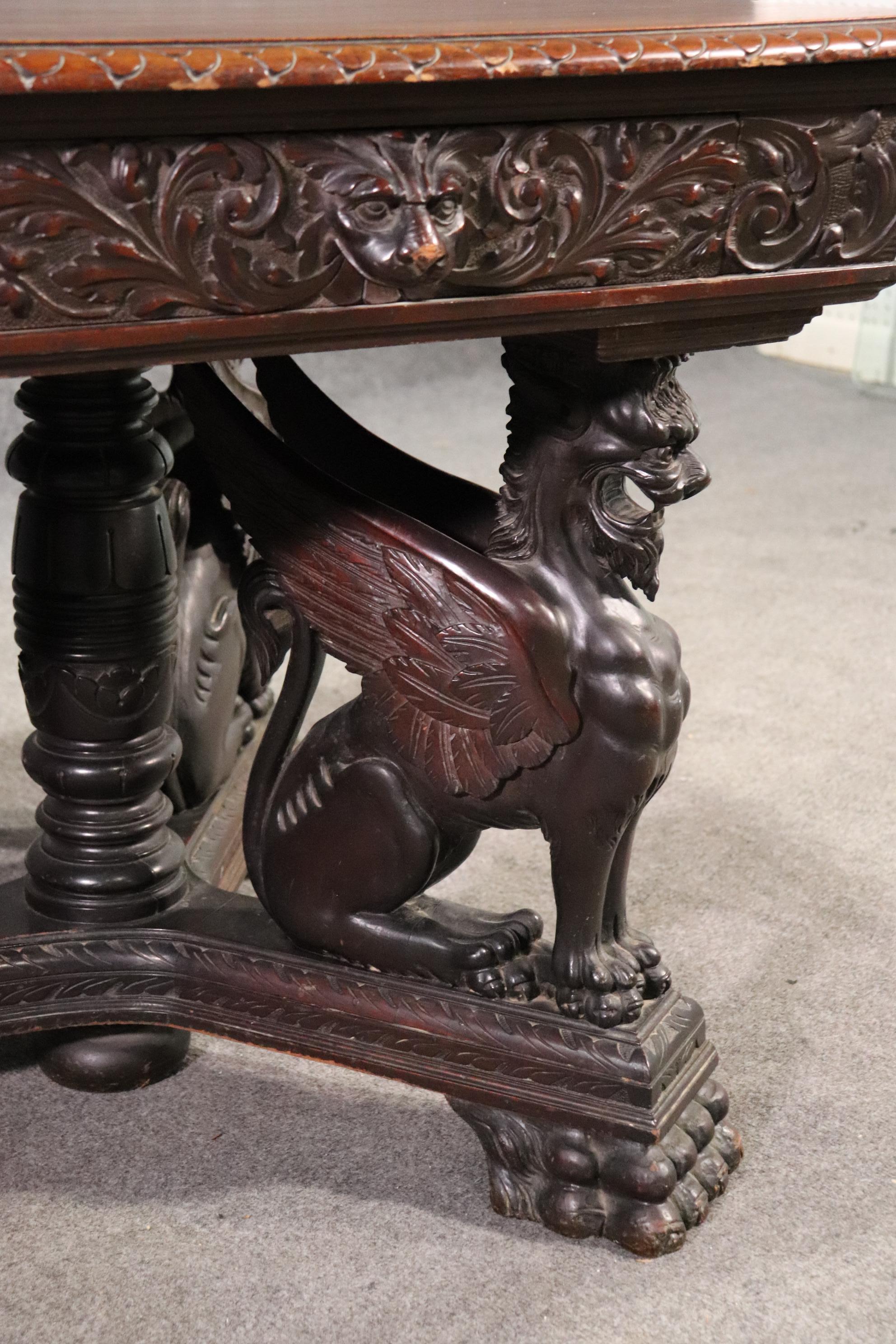High Victorian Victorian Solid Mahogany RJ Horner Winged Griffin Writing Table Desk, circa 1890