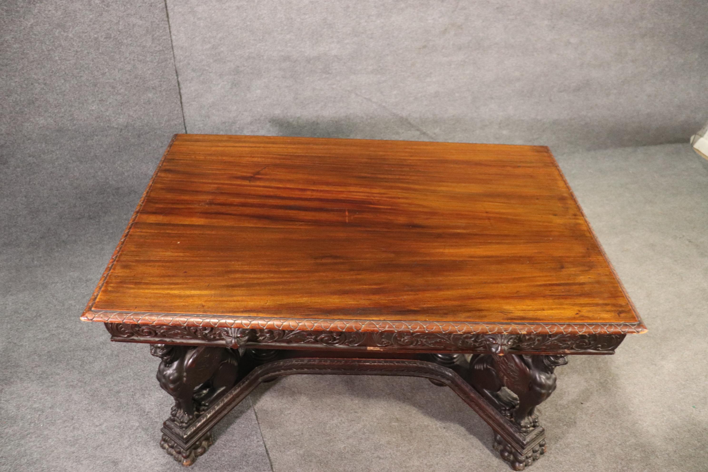 American Victorian Solid Mahogany RJ Horner Winged Griffin Writing Table Desk, circa 1890