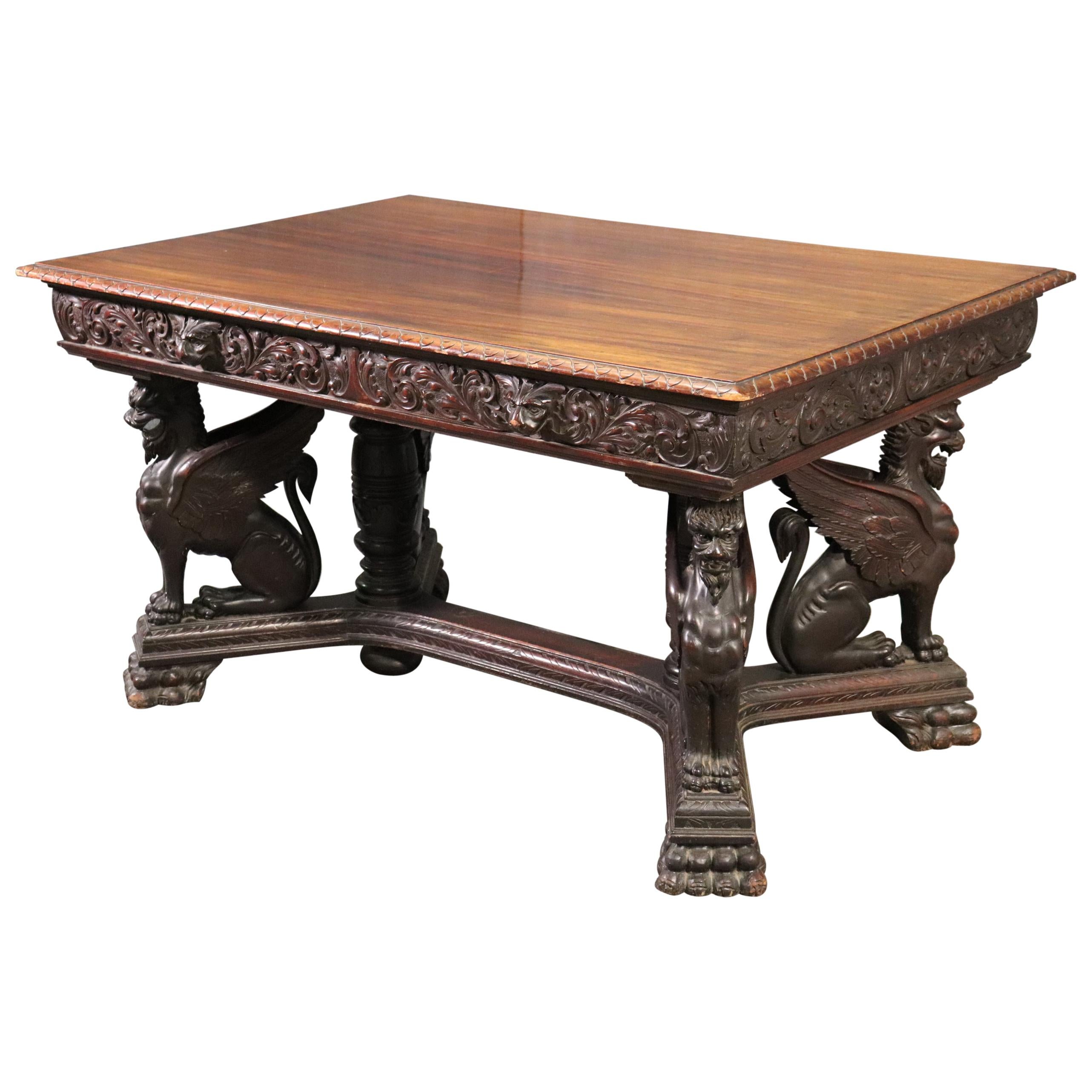 Victorian Solid Mahogany RJ Horner Winged Griffin Writing Table Desk, circa 1890