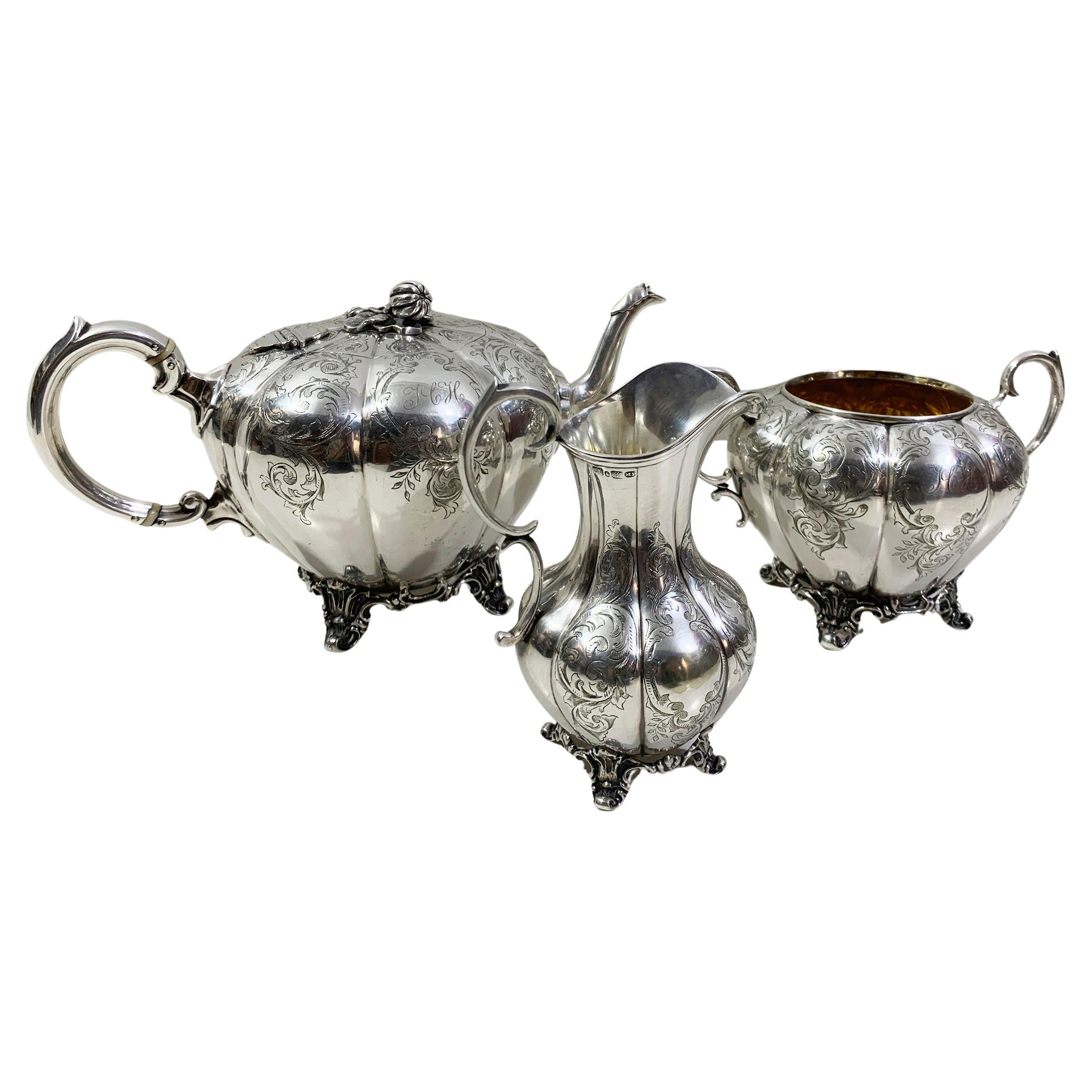 Viktorianisches 3teiliges Teeservice aus massivem Silber, 2 Teile innen vergoldet, Roberts&Staler im Angebot