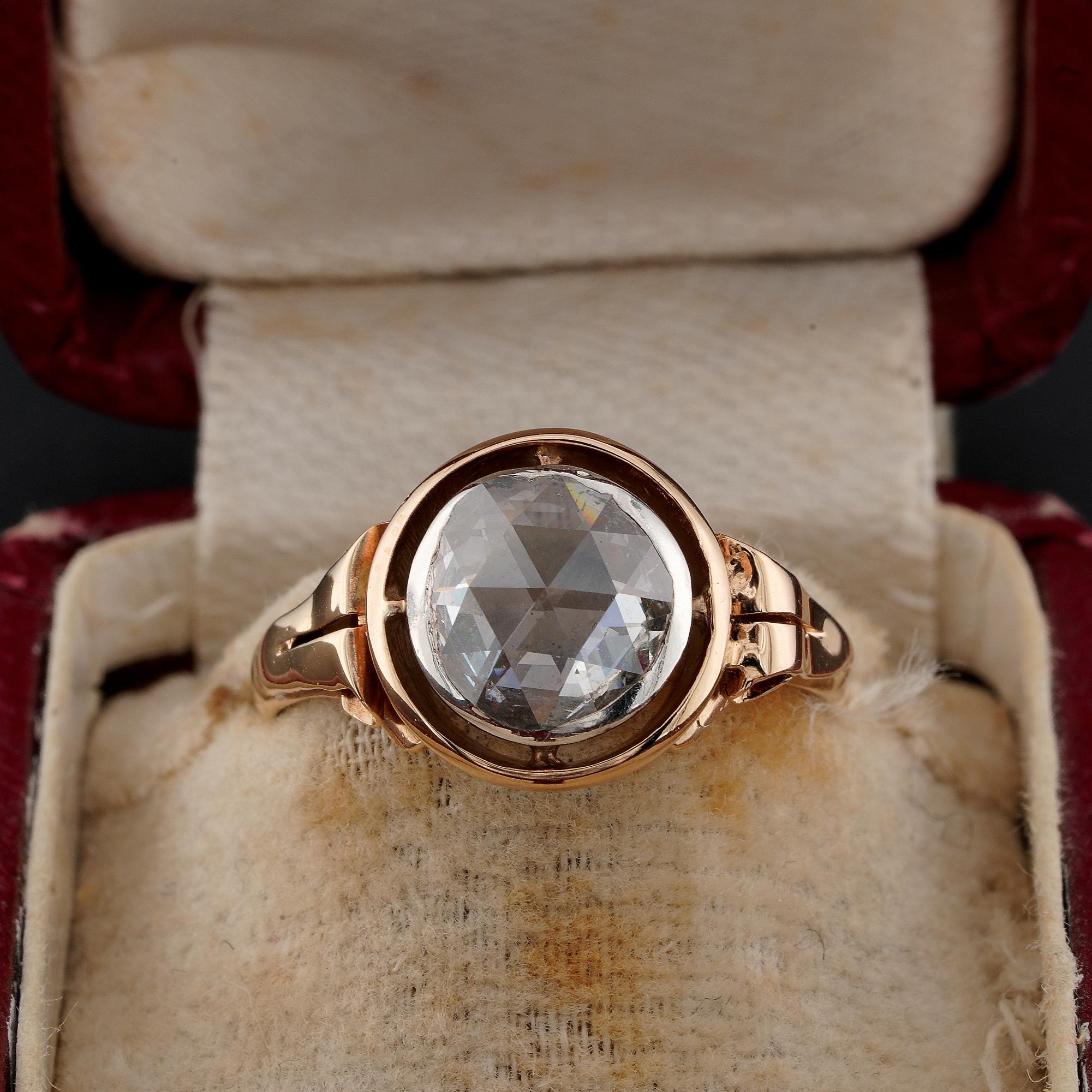 Rose Cut Diamond in Target
This beautiful antique ring is Victorian period, 1890/1900 ca
Designed as solitaire with lovely mounting entirely hand crafted of solid 18 KT gold , marked
Crown is made with the typical Target motif encircling the main