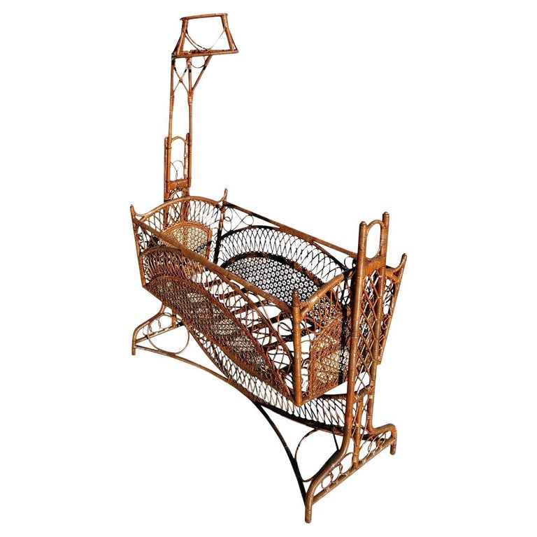 Restored Victorian Southern Gothic Wicker and Bamboo Swinging Cradle