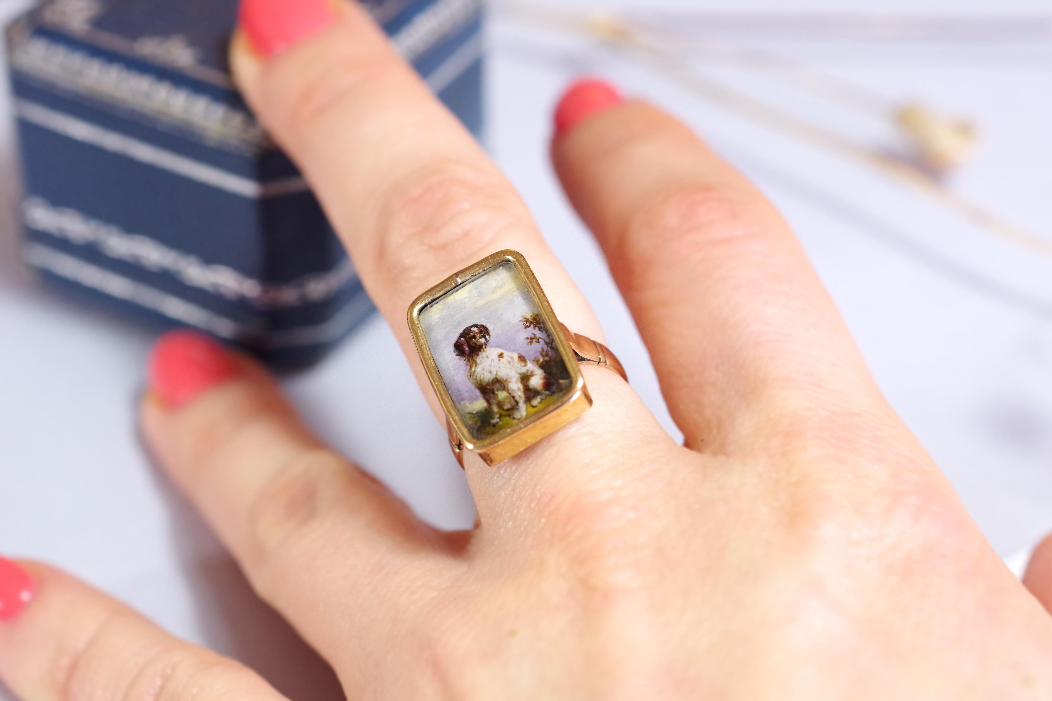 Victorian Spaniel Brittany Dog Ring, Portrait Miniature Dog Ring, 9k Gold For Sale 3