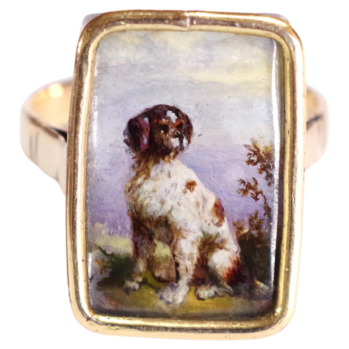 Victorian Spaniel Brittany Dog Ring, Portrait Miniature Dog Ring, 9k Gold For Sale