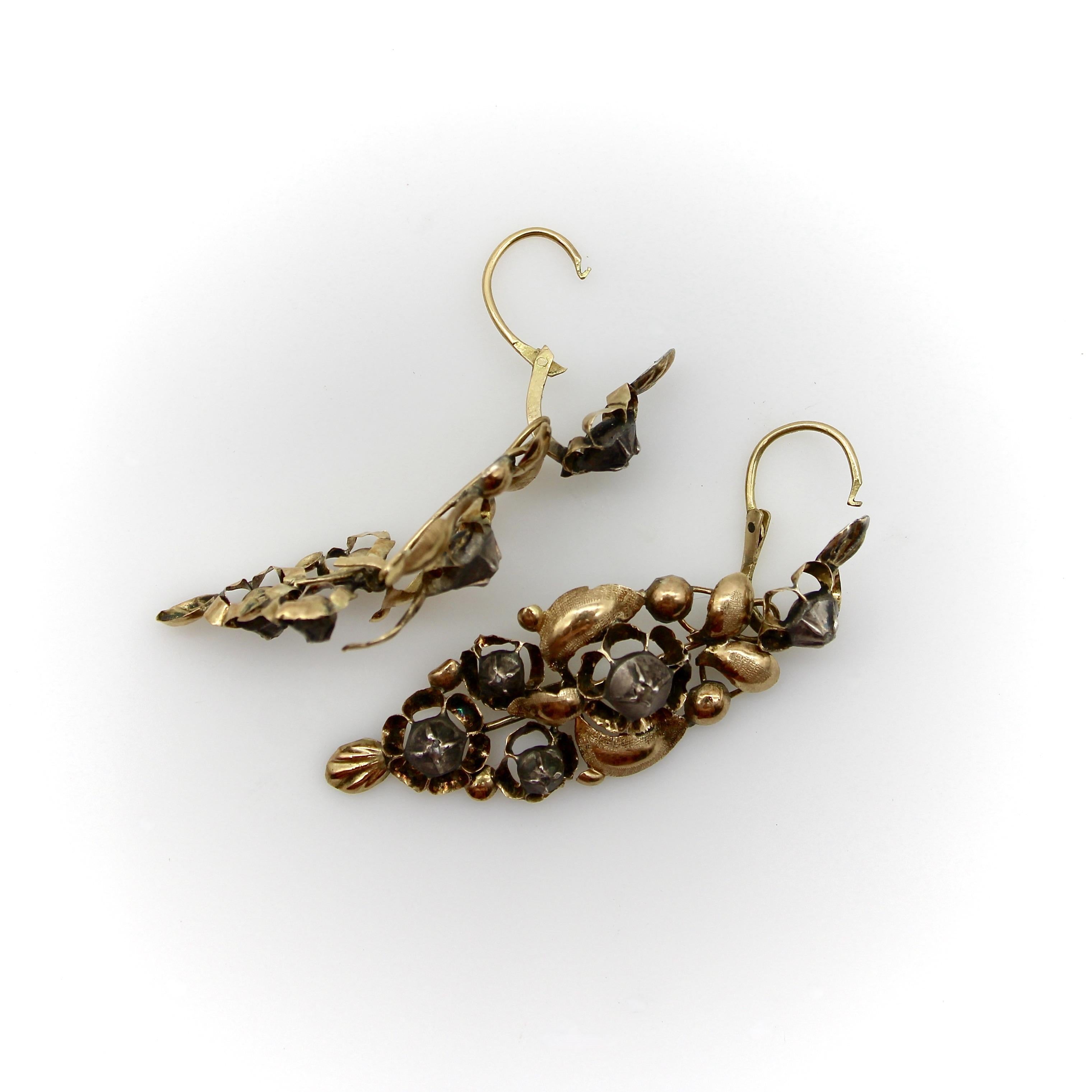 Orecchini a pendente con diamanti in oro 18 carati e argento di epoca vittoriana spagnola In condizioni buone in vendita a Venice, CA