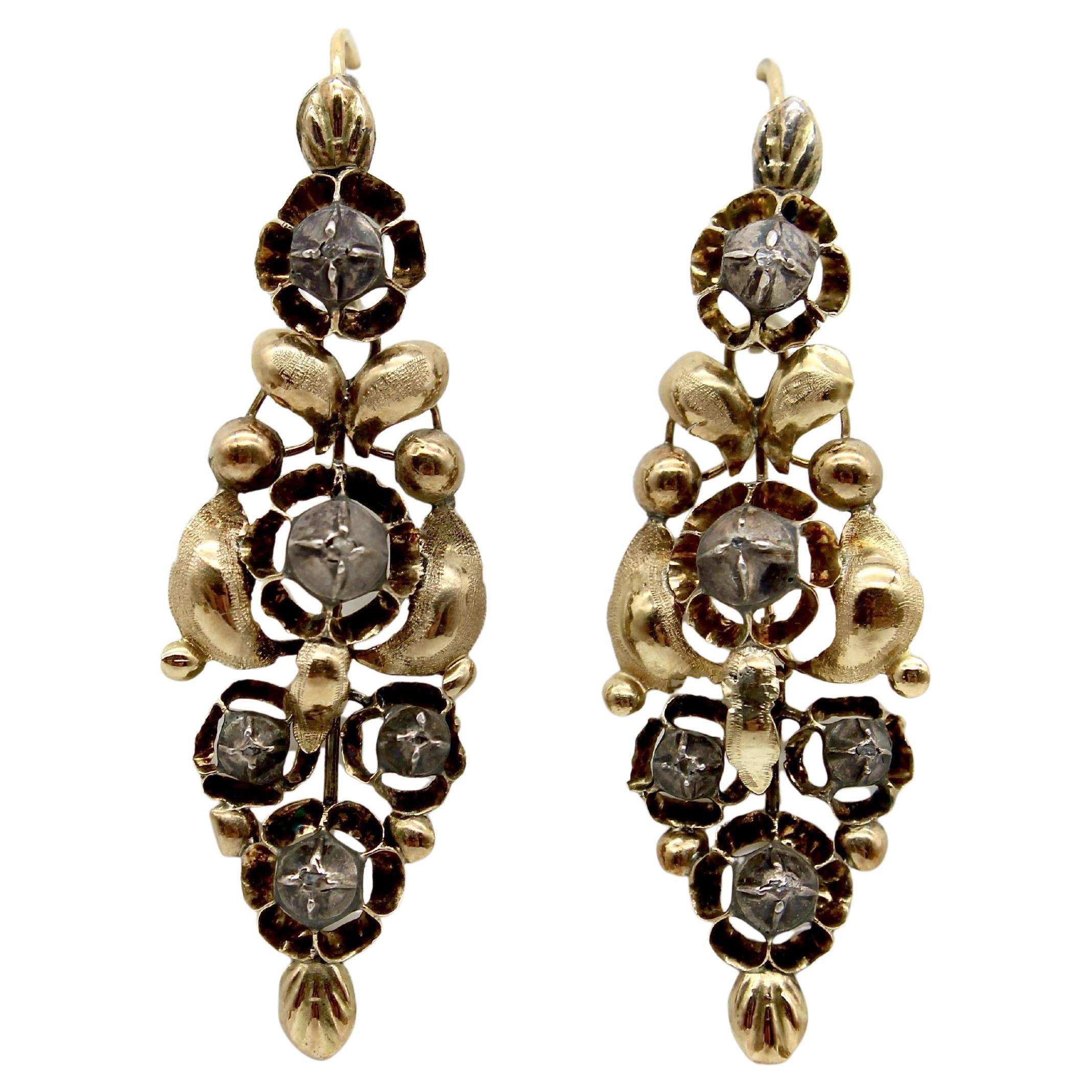 Victorian Spanish 18K Gold and Silver Diamond Dangle Earrings