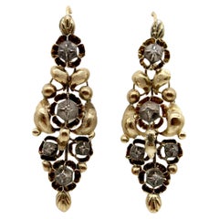Pendientes Colgantes Victorianos Españoles de Oro de 18 K y Plata con Diamantes