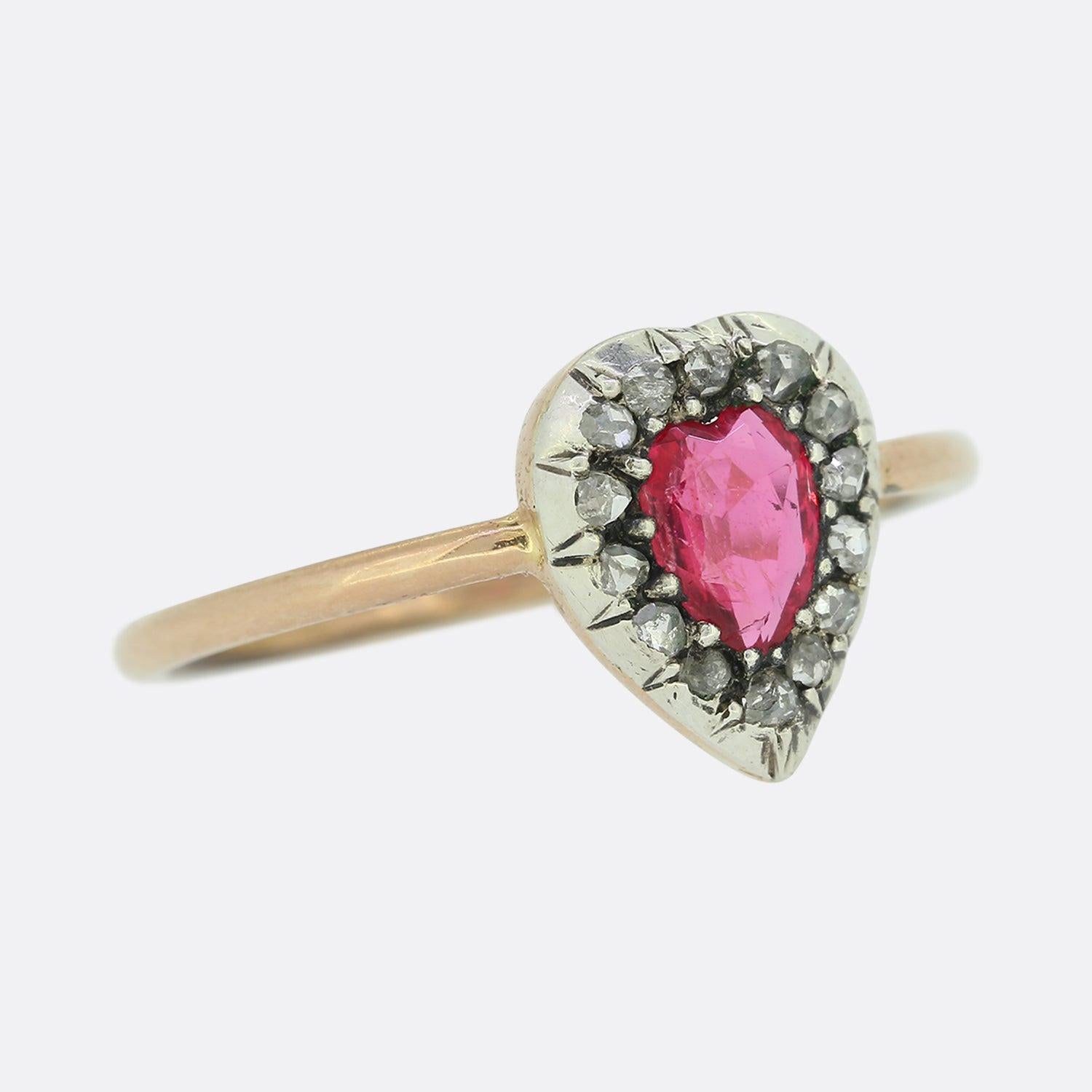 Heart Cut Victorian Spinel and Diamond Heart Ring For Sale