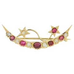 Victorian Spinel and Pearl Crescent Brooch