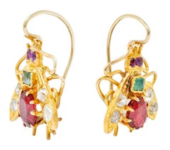 Victorian Spinel Diamond Emerald 18 Karat Gold Insect Earrings