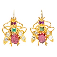 Victorian Spinel Diamond Emerald 18 Karat Gold Insect Earrings