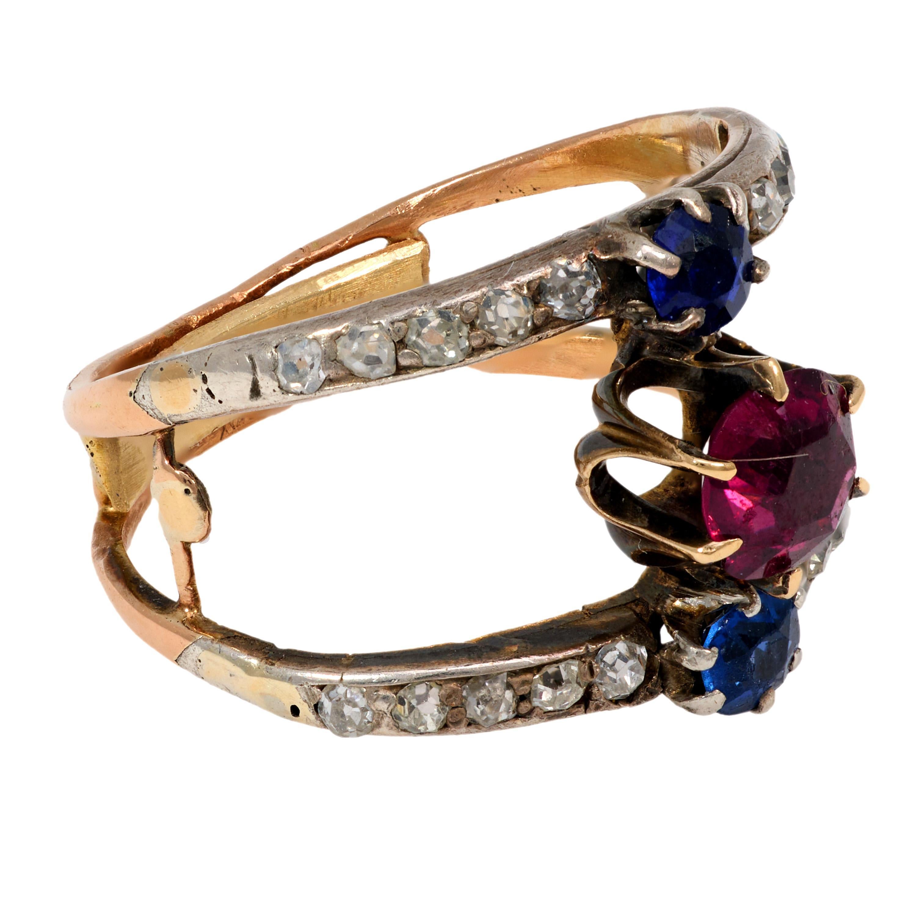 Women's Victorian spinel sapphire diamond 18k yellow gold and silver 2 band ring For Sale