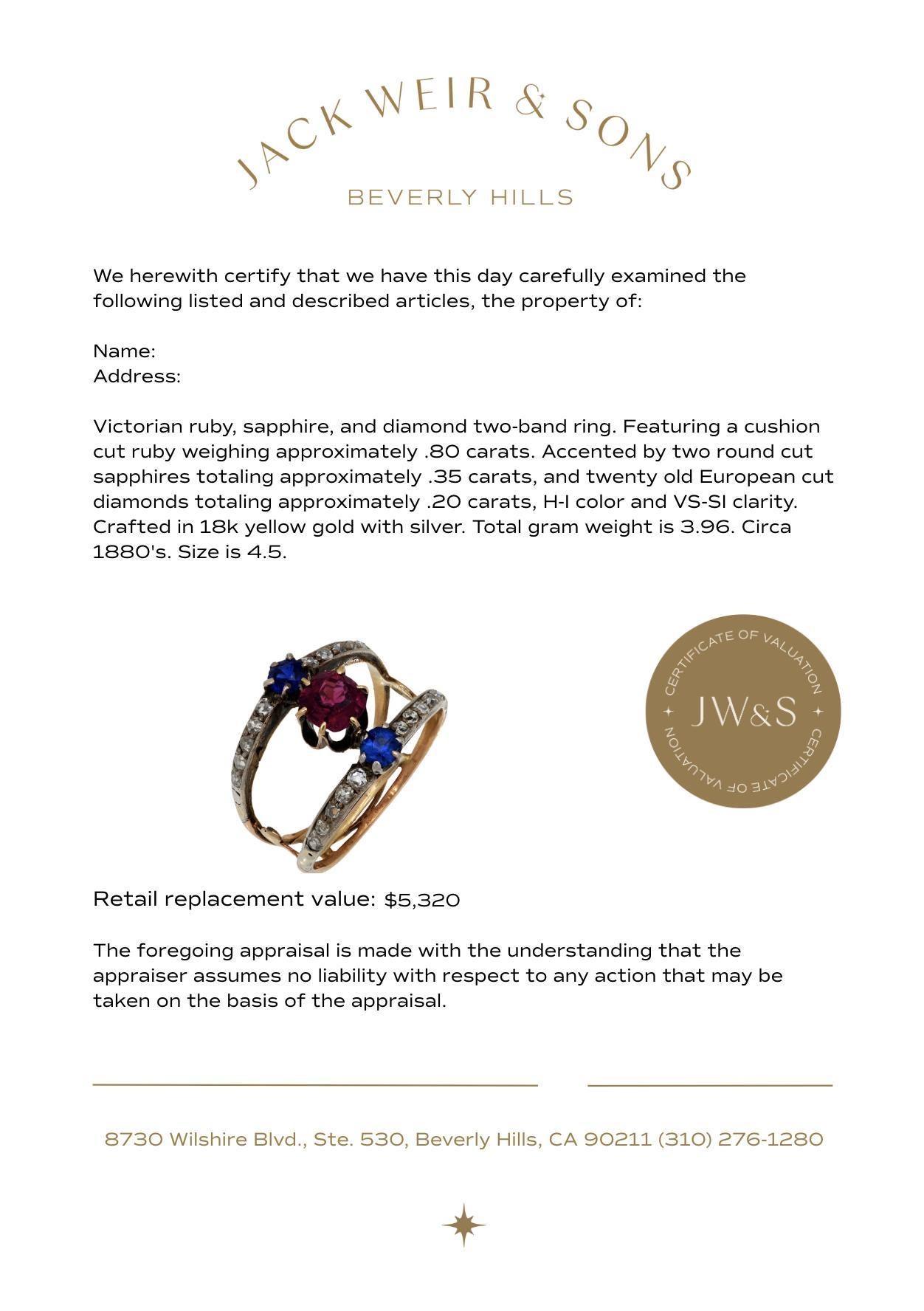 Victorian spinel sapphire diamond 18k yellow gold and silver 2 band ring For Sale 1