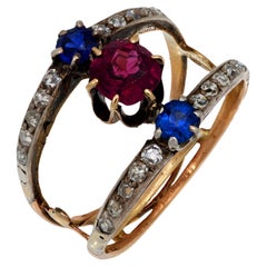 Victorian spinel sapphire diamond 18k yellow gold and silver 2 band ring