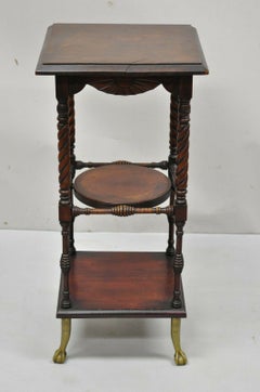 Victorian Spiral Twist Carved Mahogany 3 Tier Plant Stand Brass Ball Claw Feet