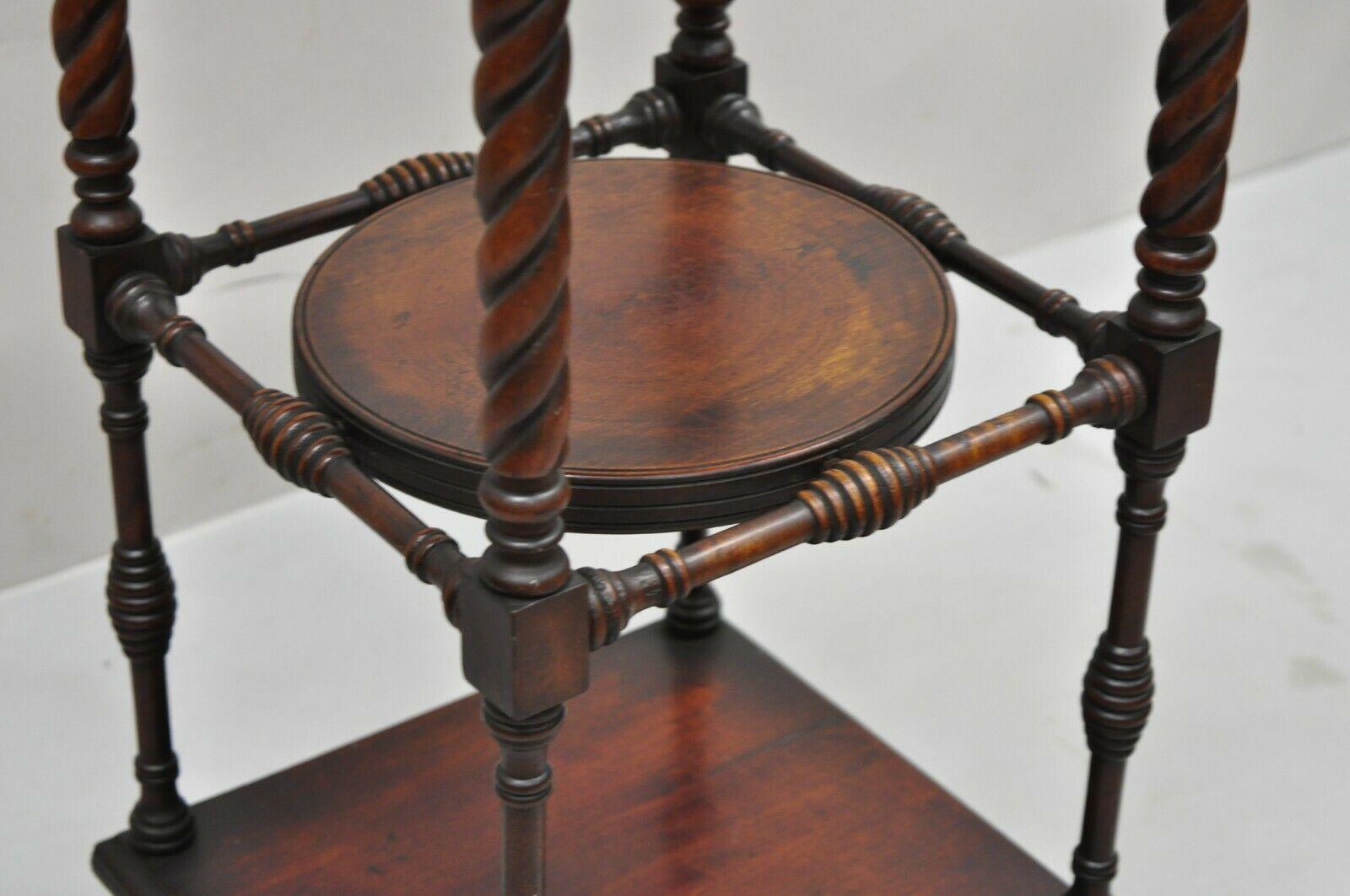 Victorian Spiral Twist Carved Mahogany 3 Tier Plant Stand Brass Ball Claw Feet 2