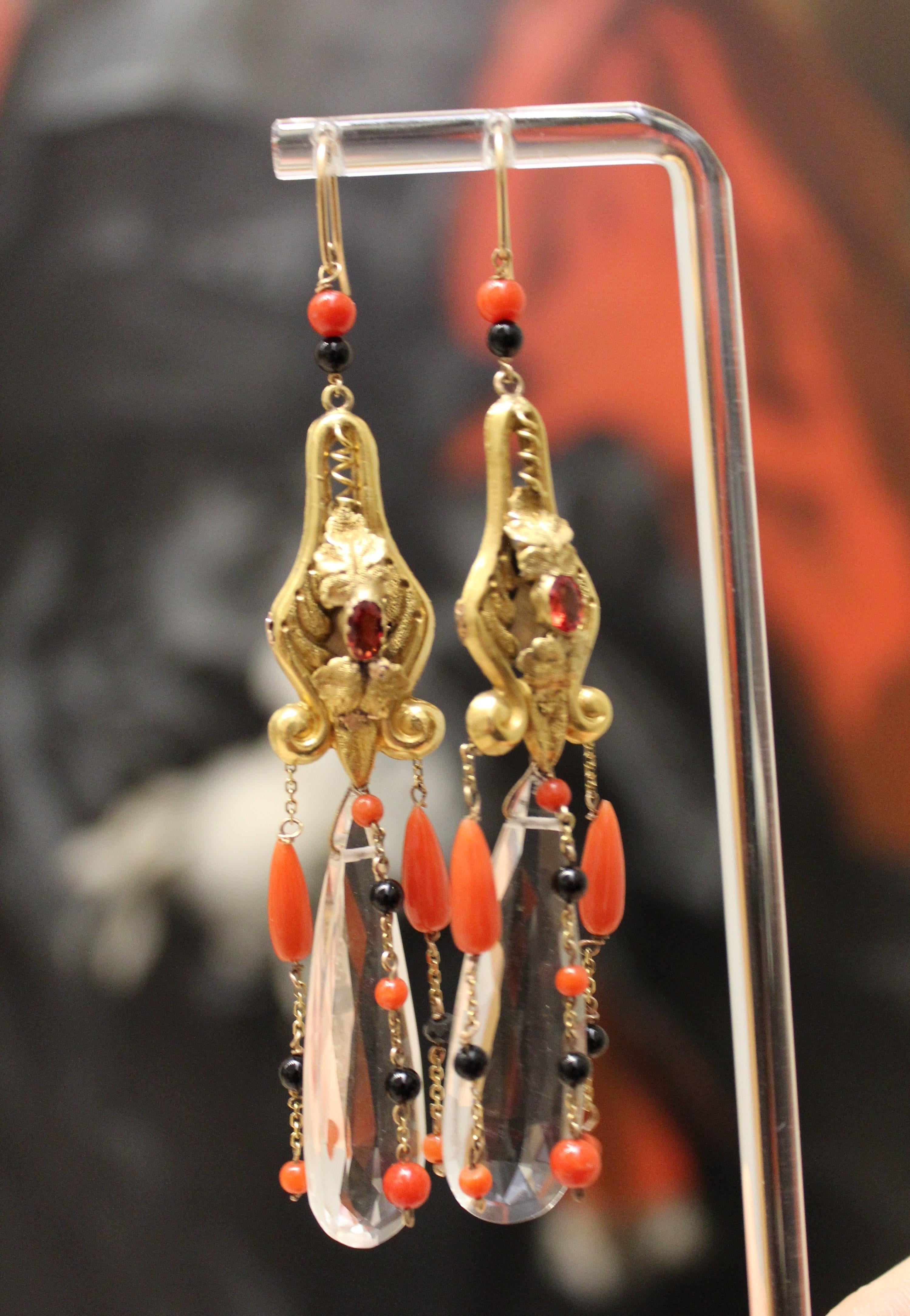 Inspired by St. Mark's Square in Venice, these earrings are designed for a special occasion. The top portion of the earrings features an antique pair of original Victorian gold earrings adorned with grape leaves and veins, highlighted by orange
