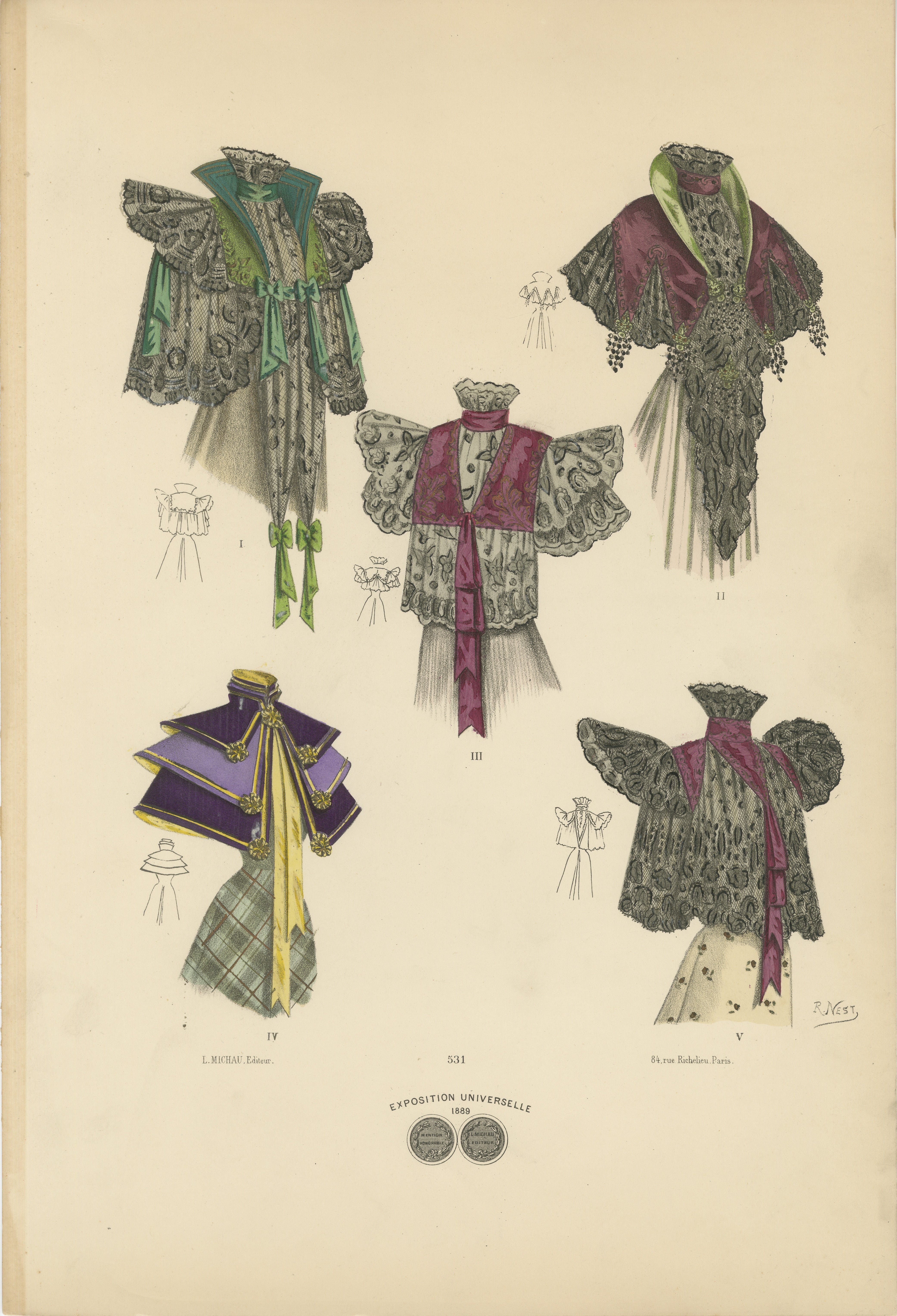 Questa litografia mostra una collezione di eleganti scialli e mantelli vittoriani del 1889, ognuno dei quali è stato intricato per completare l'abbigliamento alla moda della fine del XIX secolo. Gli abiti sono raffigurati con colori vivaci e modelli