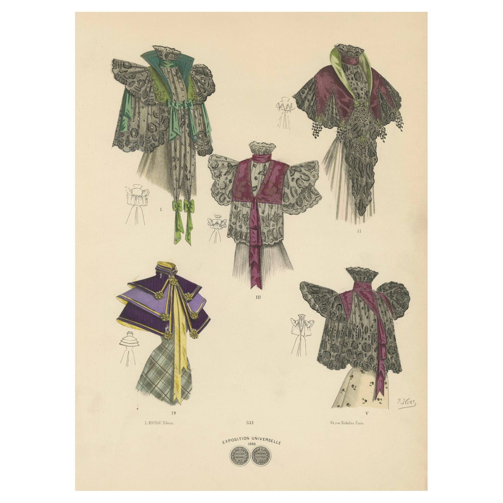Victorian Splendor: Elegant Shawls and Mantles in Lithograph, Published in 1889
