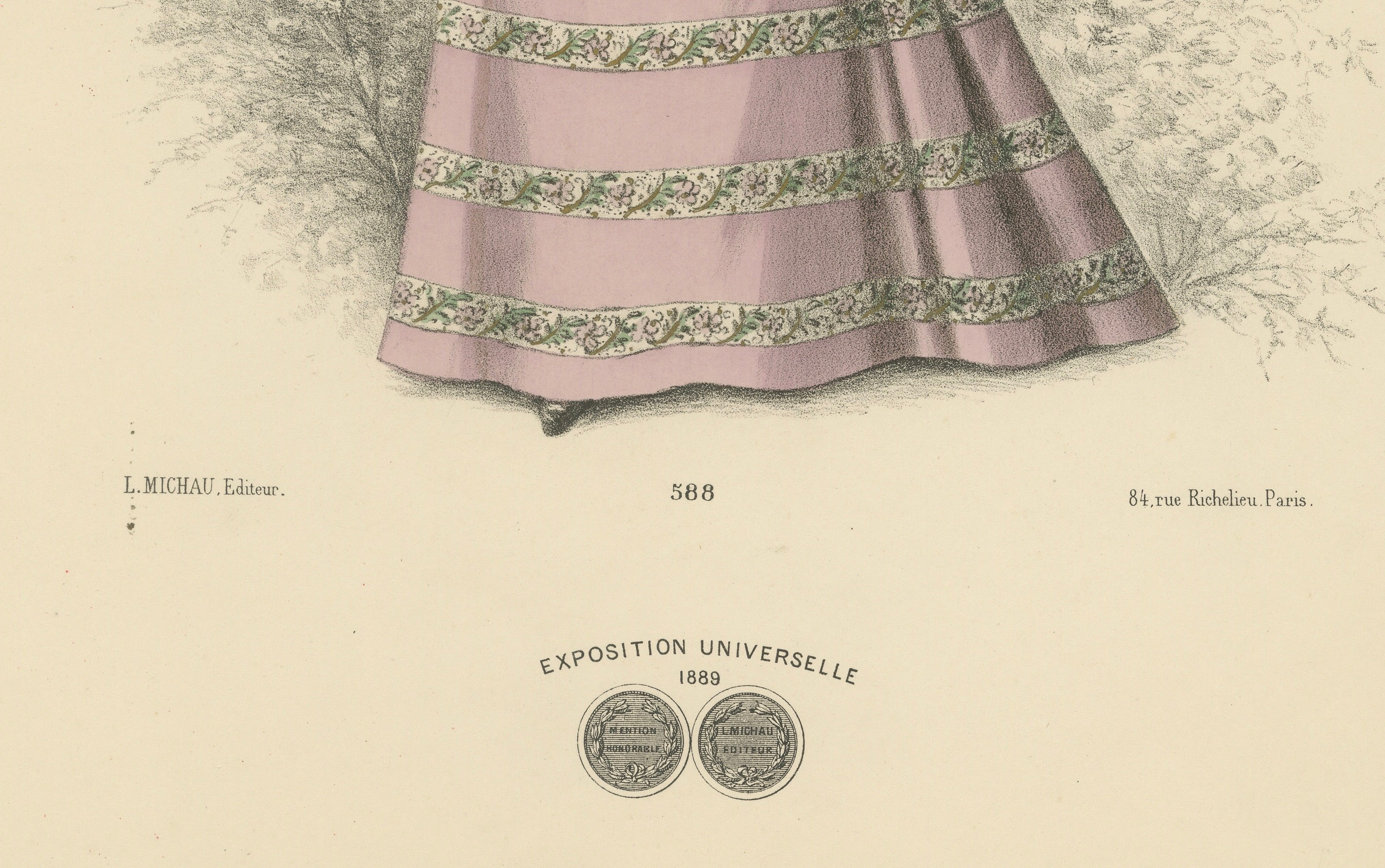 Questa litografia ritrae una donna alla moda del 1889, vestita con un abito straordinariamente elegante che incarna la sensibilità della moda della fine del XIX secolo. L'abito è caratterizzato da un colore rosa intenso e ricco ed è accentuato da