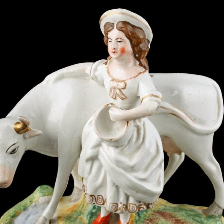 European Victorian Staffordshire Cow & Dairy Maid, 19th Century For Sale