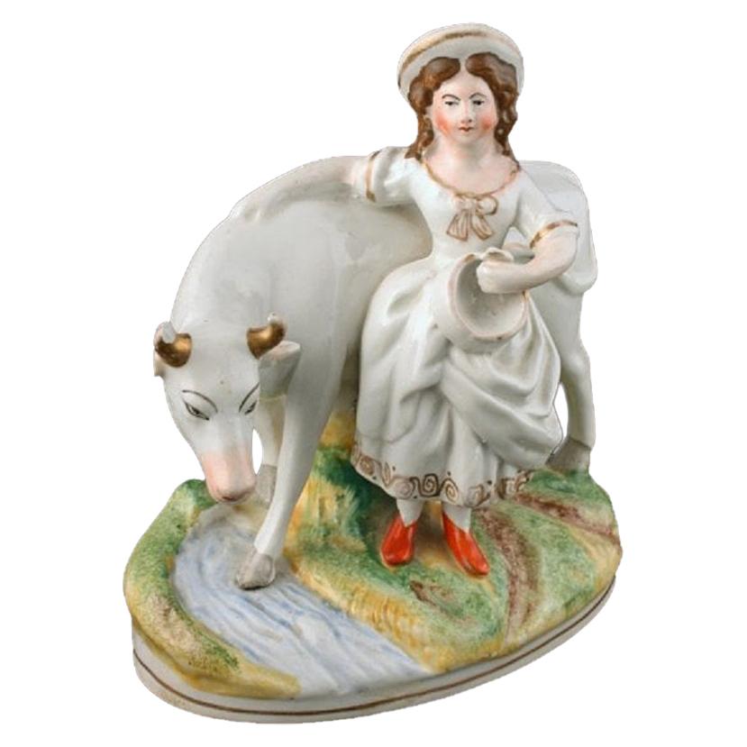 Victorian Staffordshire Cow & Dairy Maid, 19th Century For Sale