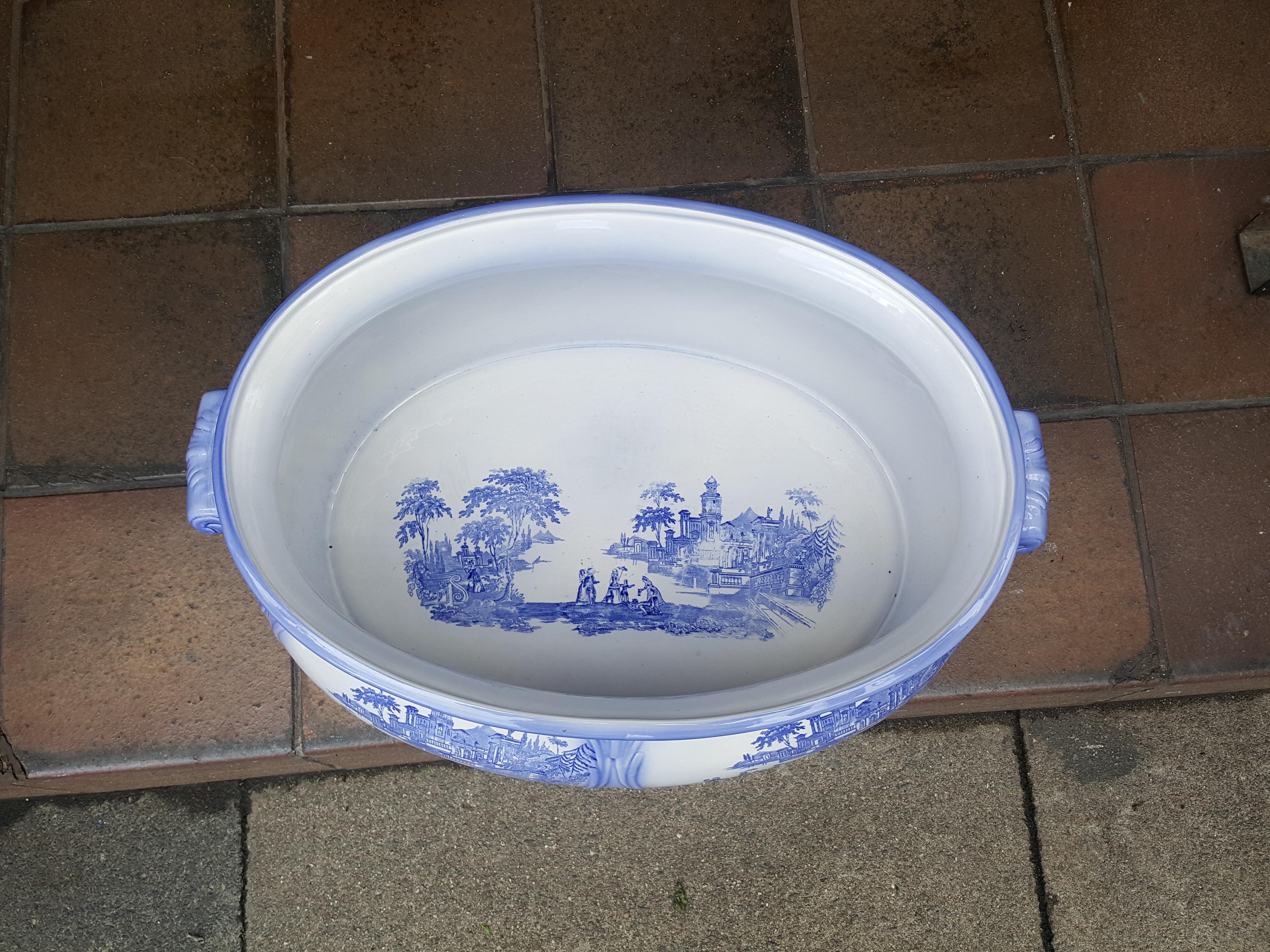 Victorian Staffordshire Blue & White Transfer Foot Bath Jardinier 19