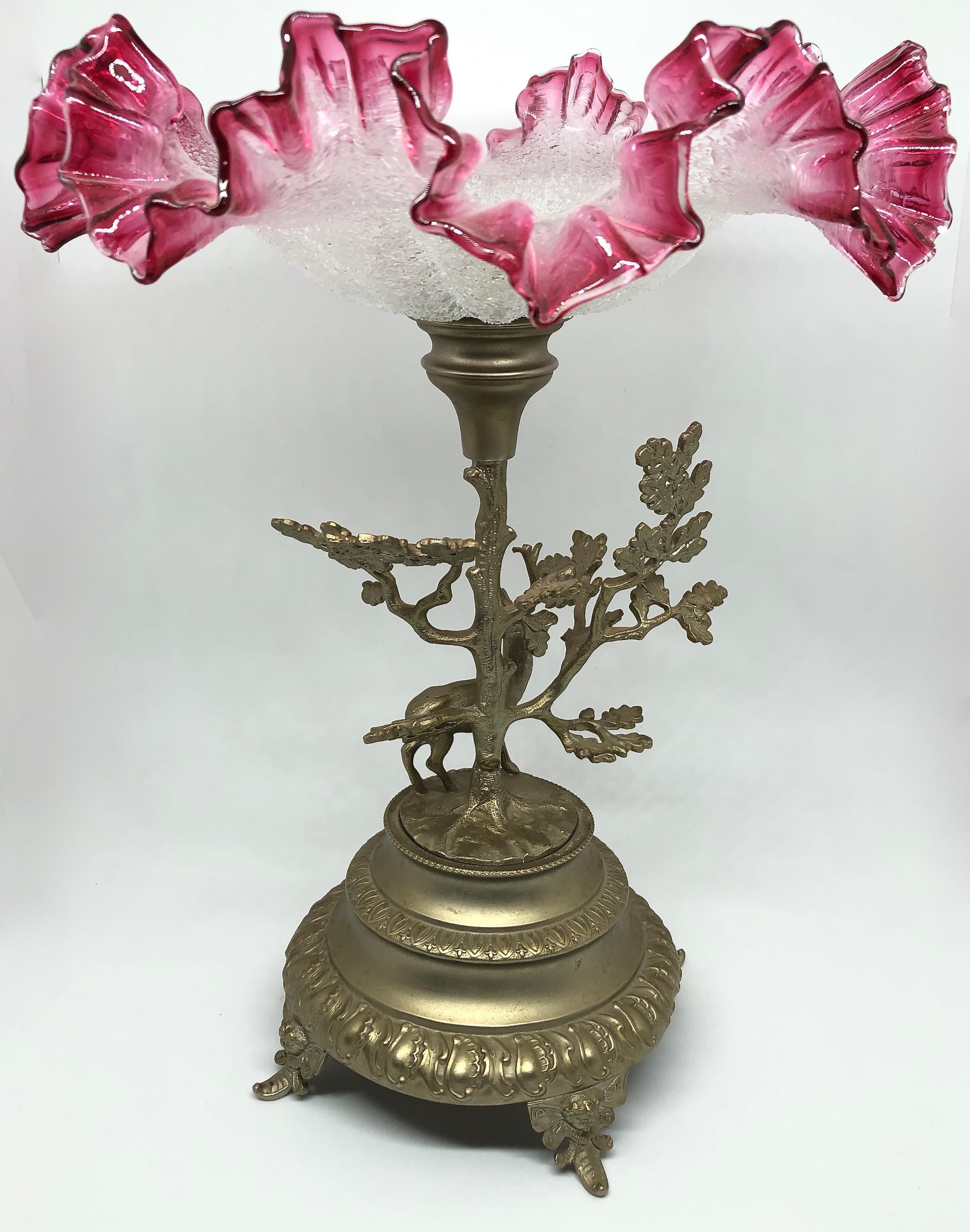 Hand-Crafted Victorian Stag Deer Stand Floral Basket Ribbons Cranberry Compote Candy Dish