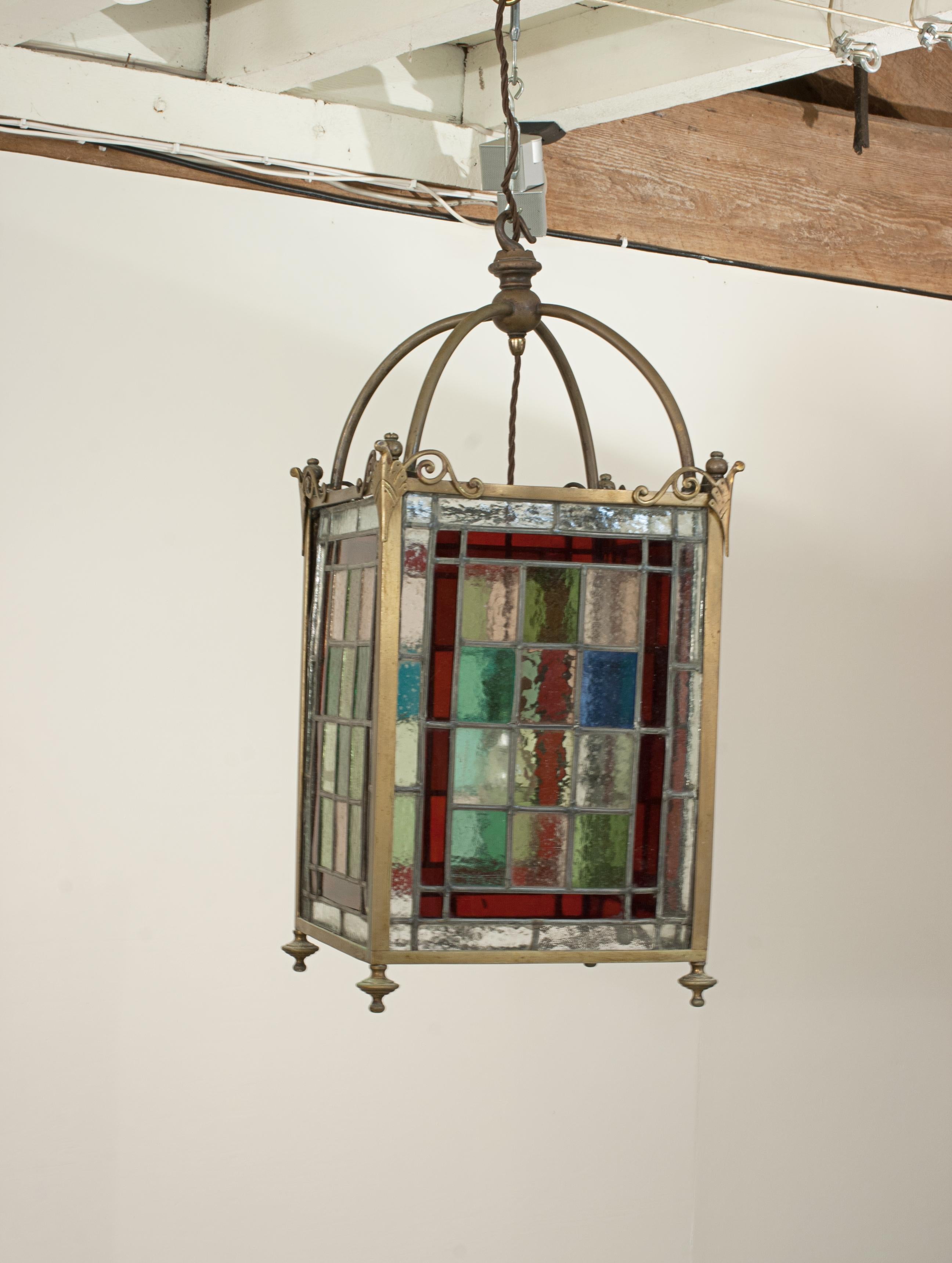 English Victorian Stain Glass Ceiling Pendant Lantern For Sale