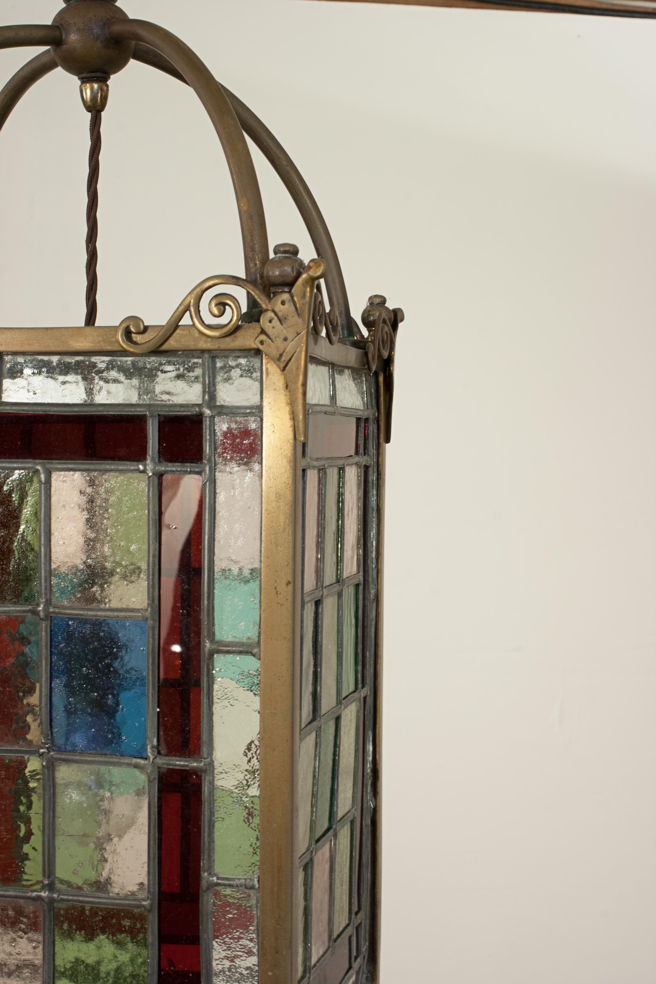 Victorian Stain Glass Ceiling Pendant Lantern In Good Condition In Oxfordshire, GB