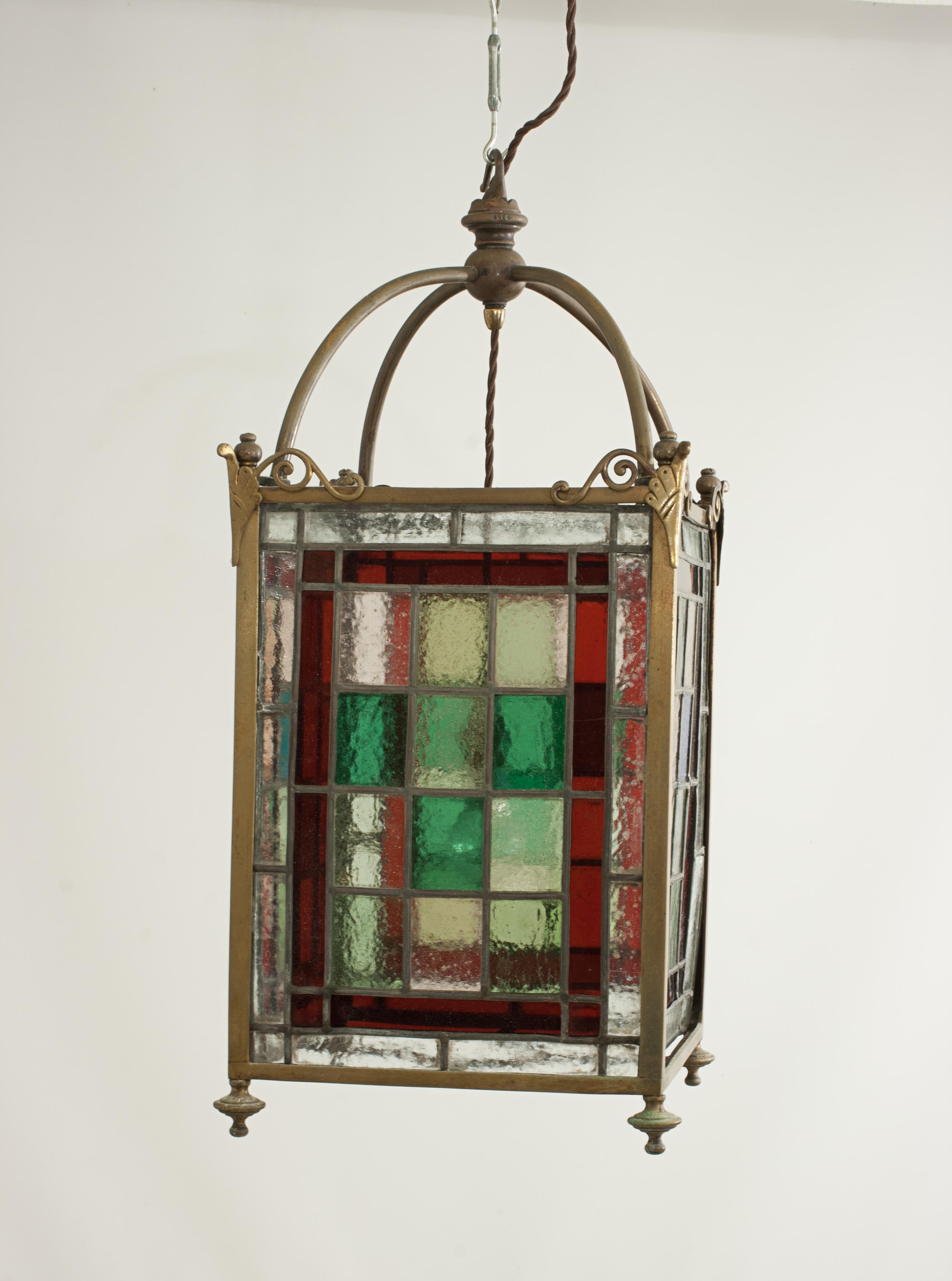 Brass Victorian Stain Glass Ceiling Pendant Lantern For Sale