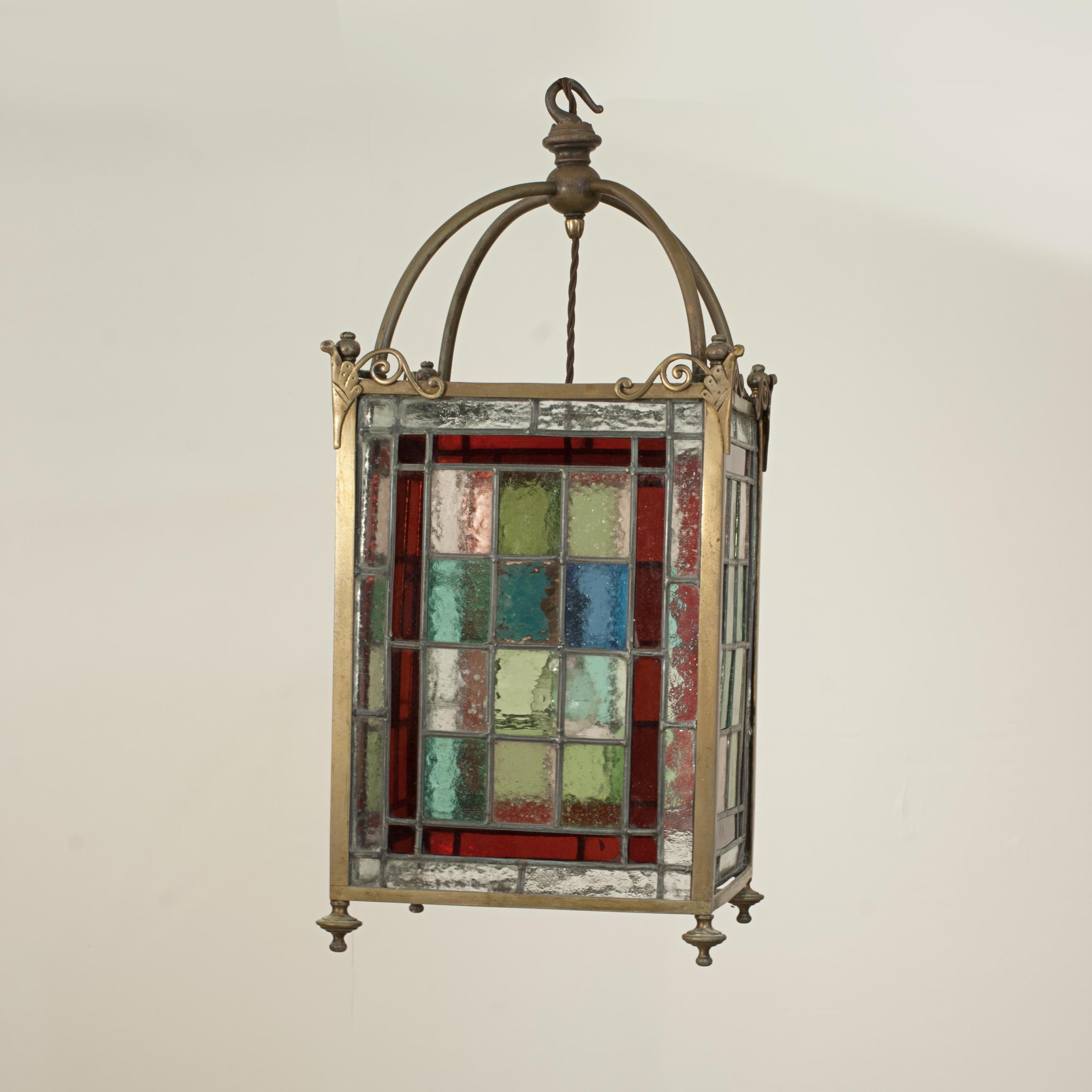 Victorian Stain Glass Ceiling Pendant Lantern For Sale 3