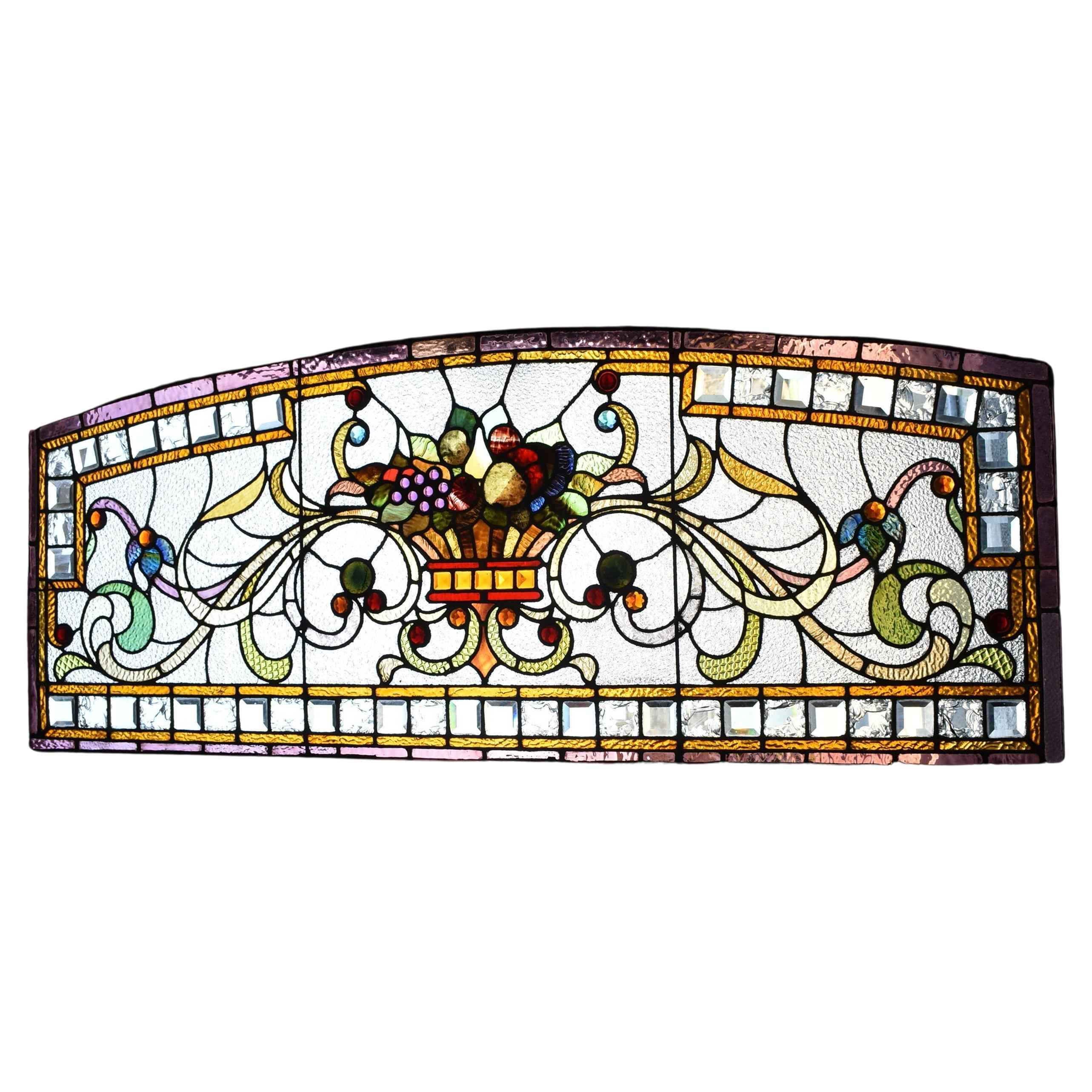 Victorian Stained & Beveled Glass Fruit Bowl Transom Window 64"