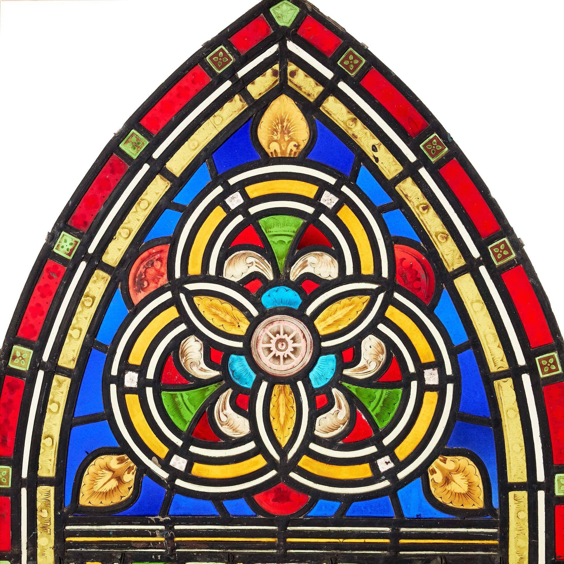 English Victorian Stained Glass Arched Church Panel For Sale