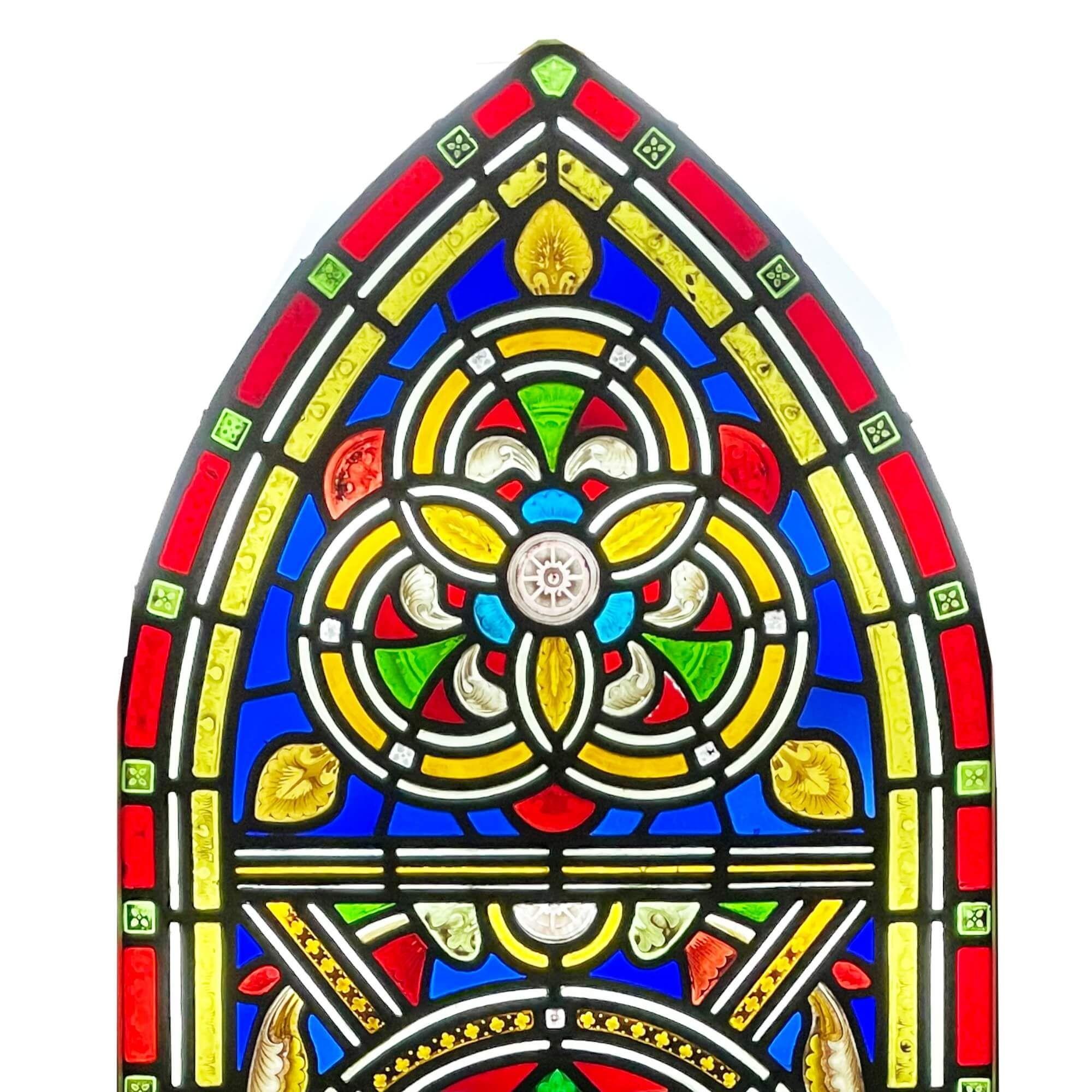 Victorian Stained Glass Arched Church Panel For Sale 2