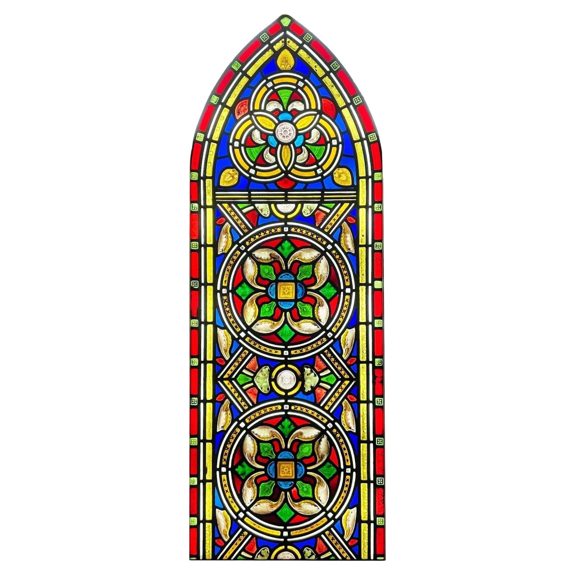 Victorian Stained Glass Arched Church Panel For Sale